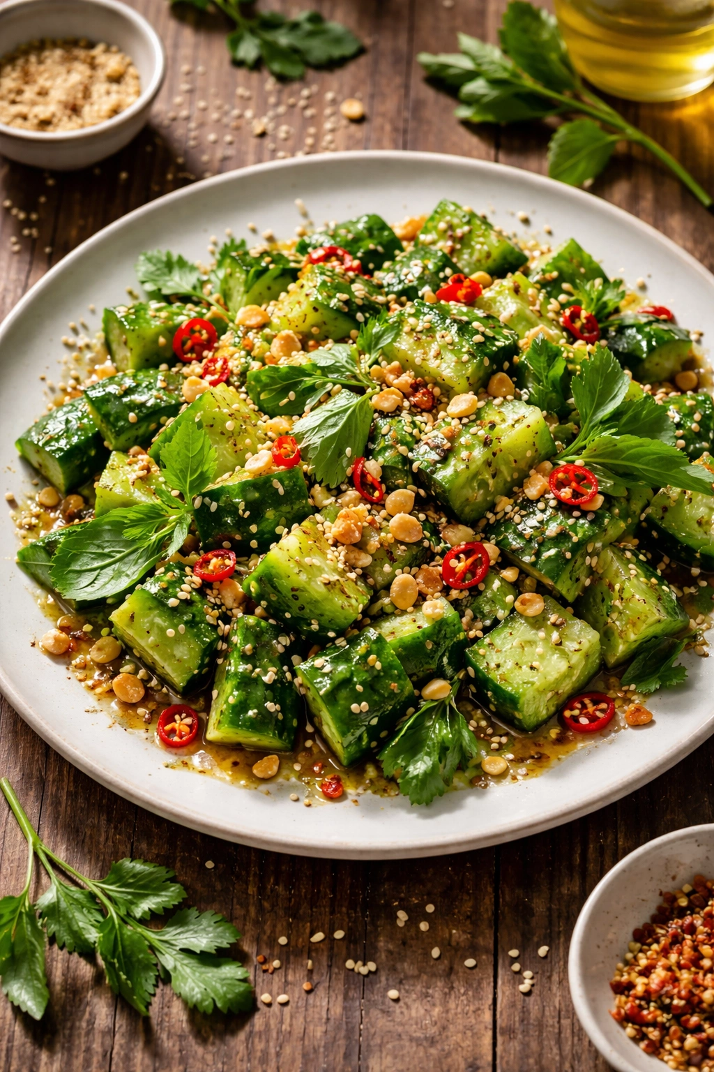 Smashed cucumber salad with varied toppings illustrating flavor variations