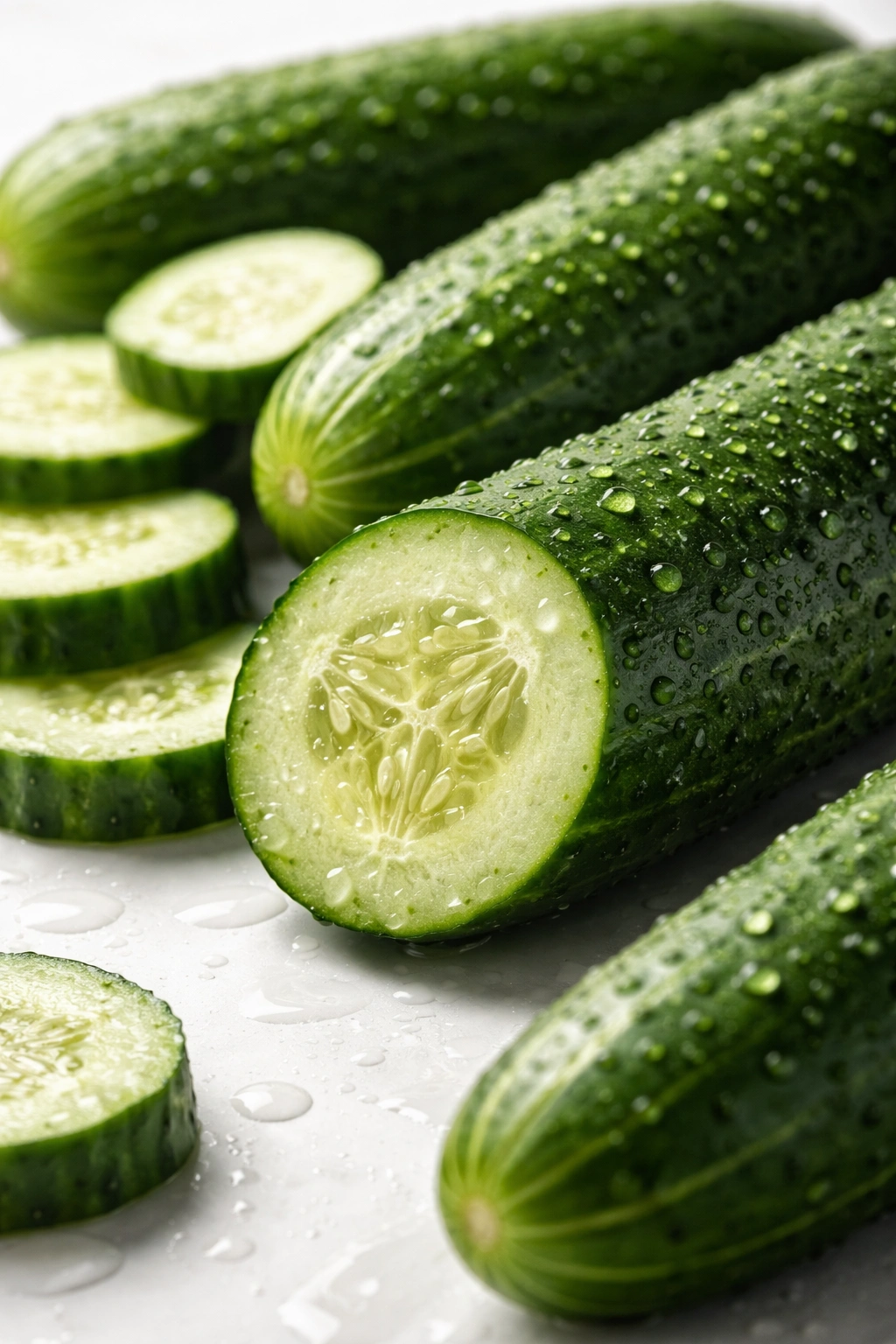 Close-up cucumber showing water-filled interior and droplets to illustrate hydration and burp trigger