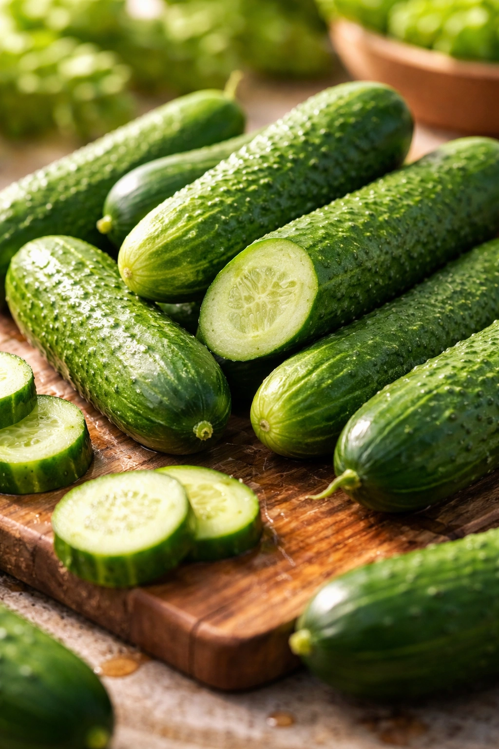 Fresh cucumbers on a wooden board ready for smashing