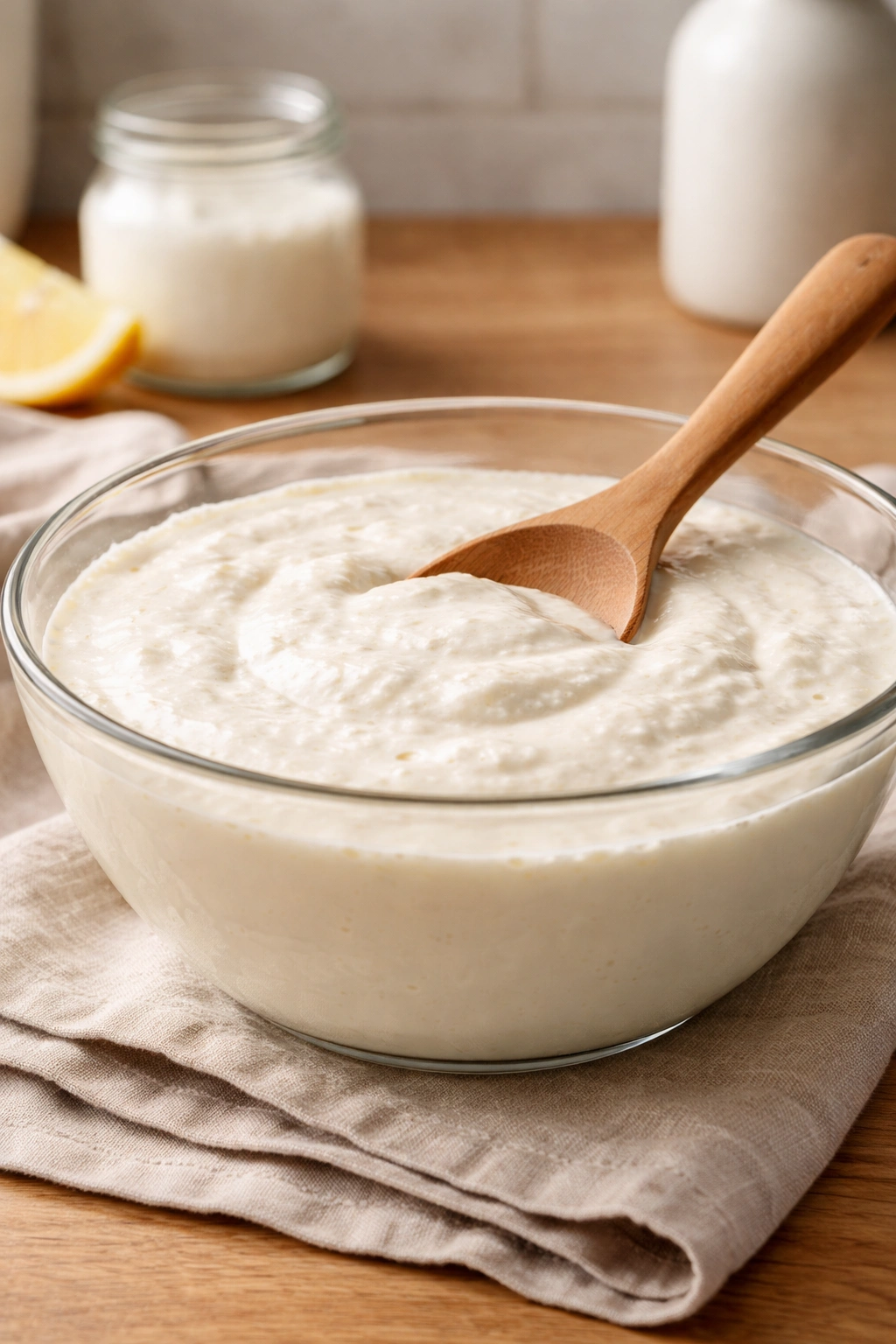 Creamy cultured cream in a glass bowl with a wooden spoon