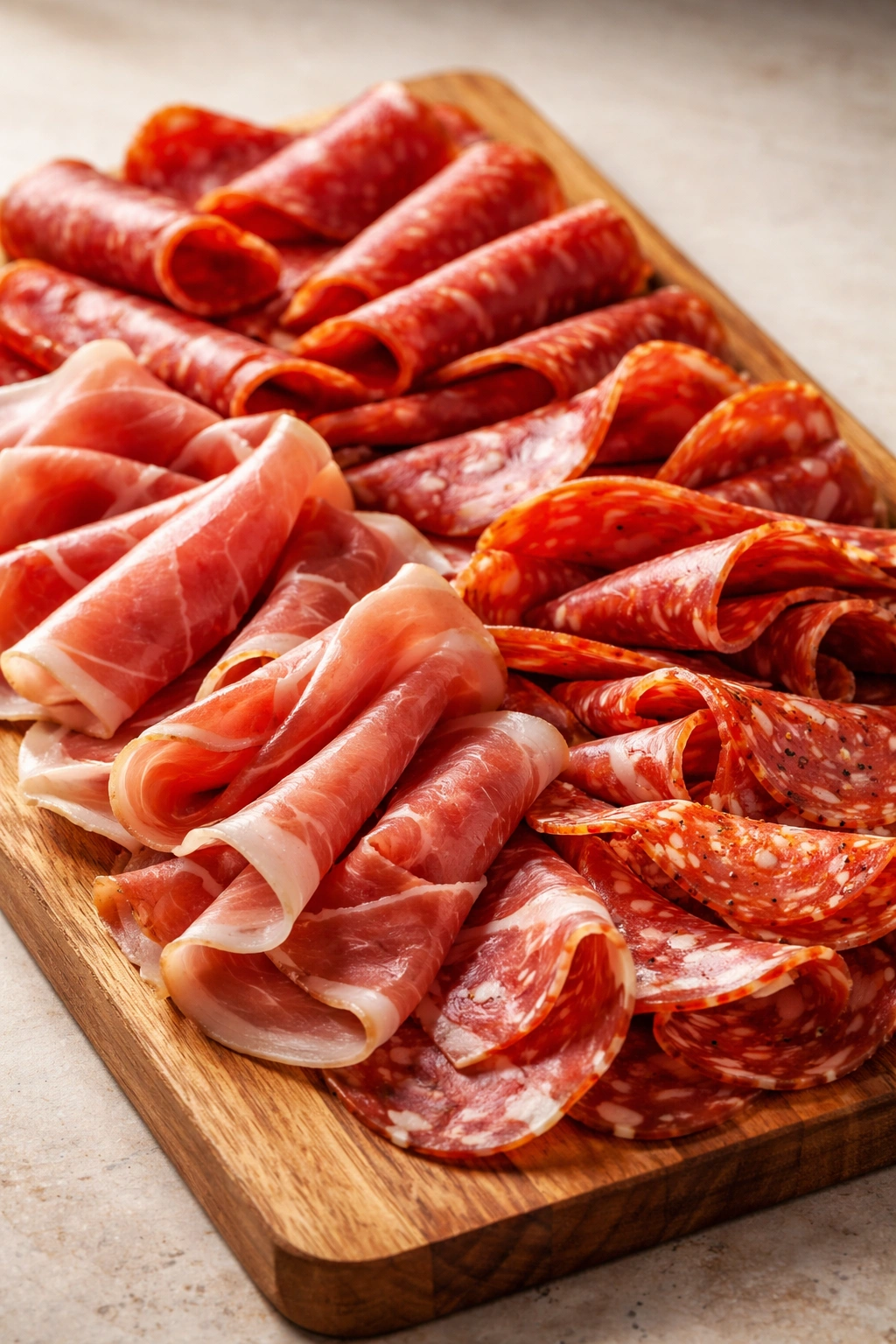 Assorted cured meats folded and layered for visual depth on a grazing board
