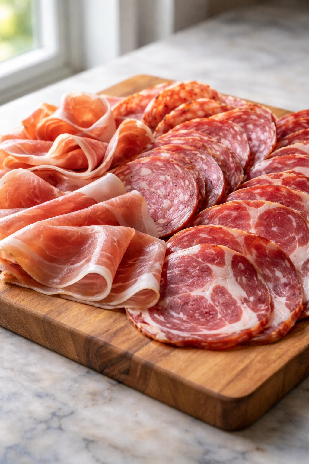 Assorted sliced cured meats arranged on a board