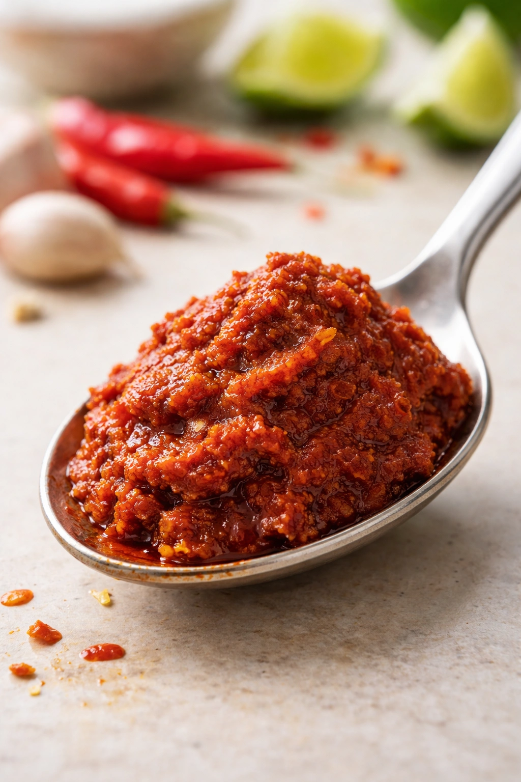 Close-up of curry paste on a spoon highlighting color and texture
