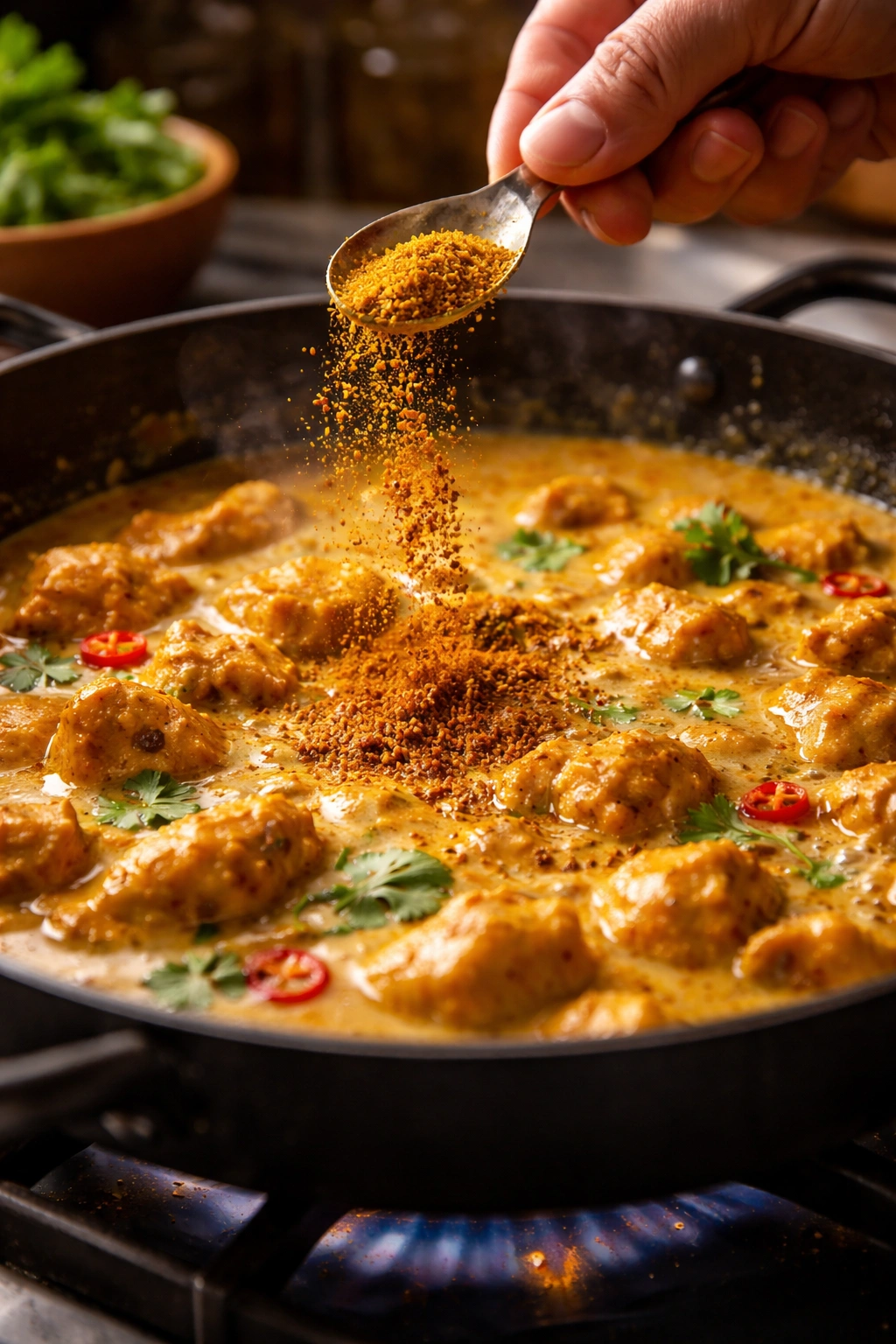Hand sprinkling curry powder into a pan with glossy curry sauce