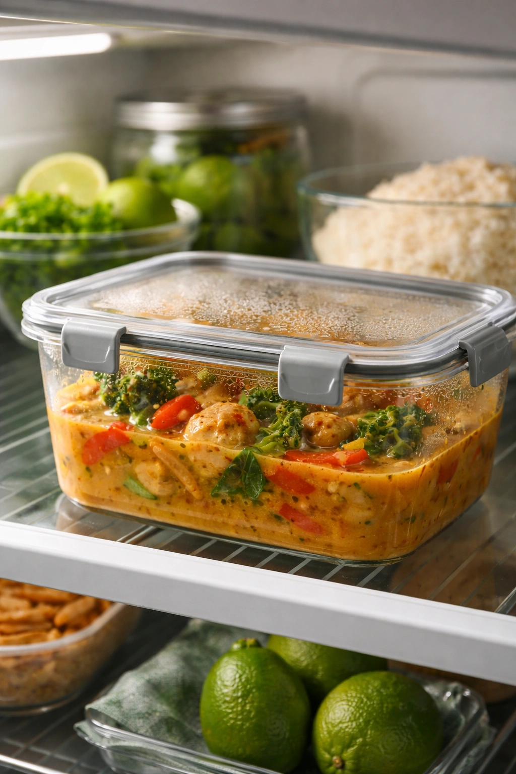 Airtight container of Thai curry in a fridge