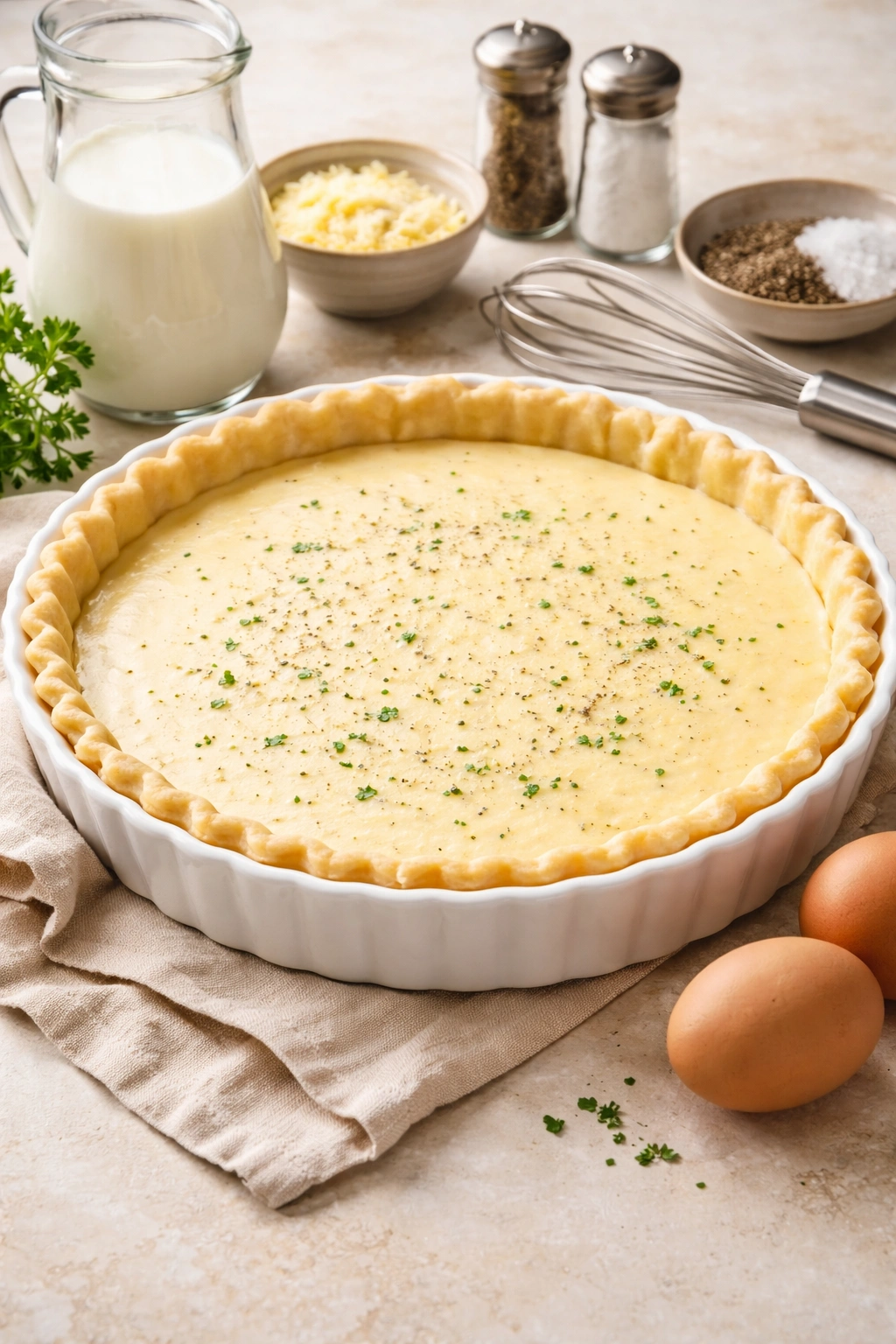 Creamy custard base in quiche dish ready to bake