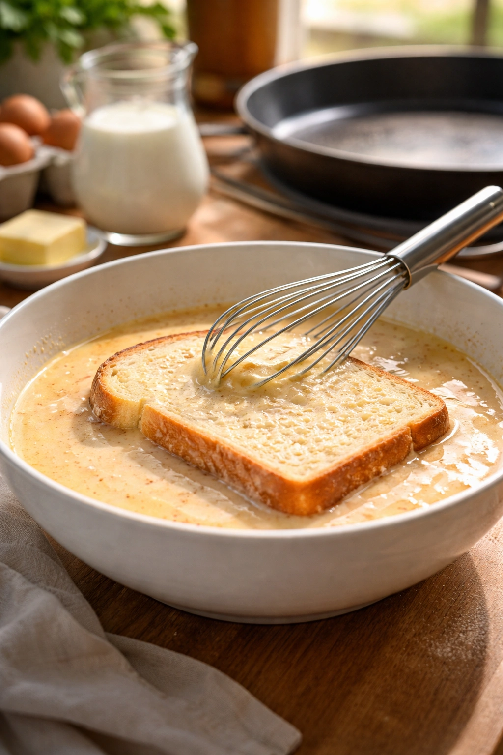 Close-up of a bread slice soaking in custard with a whisk nearby