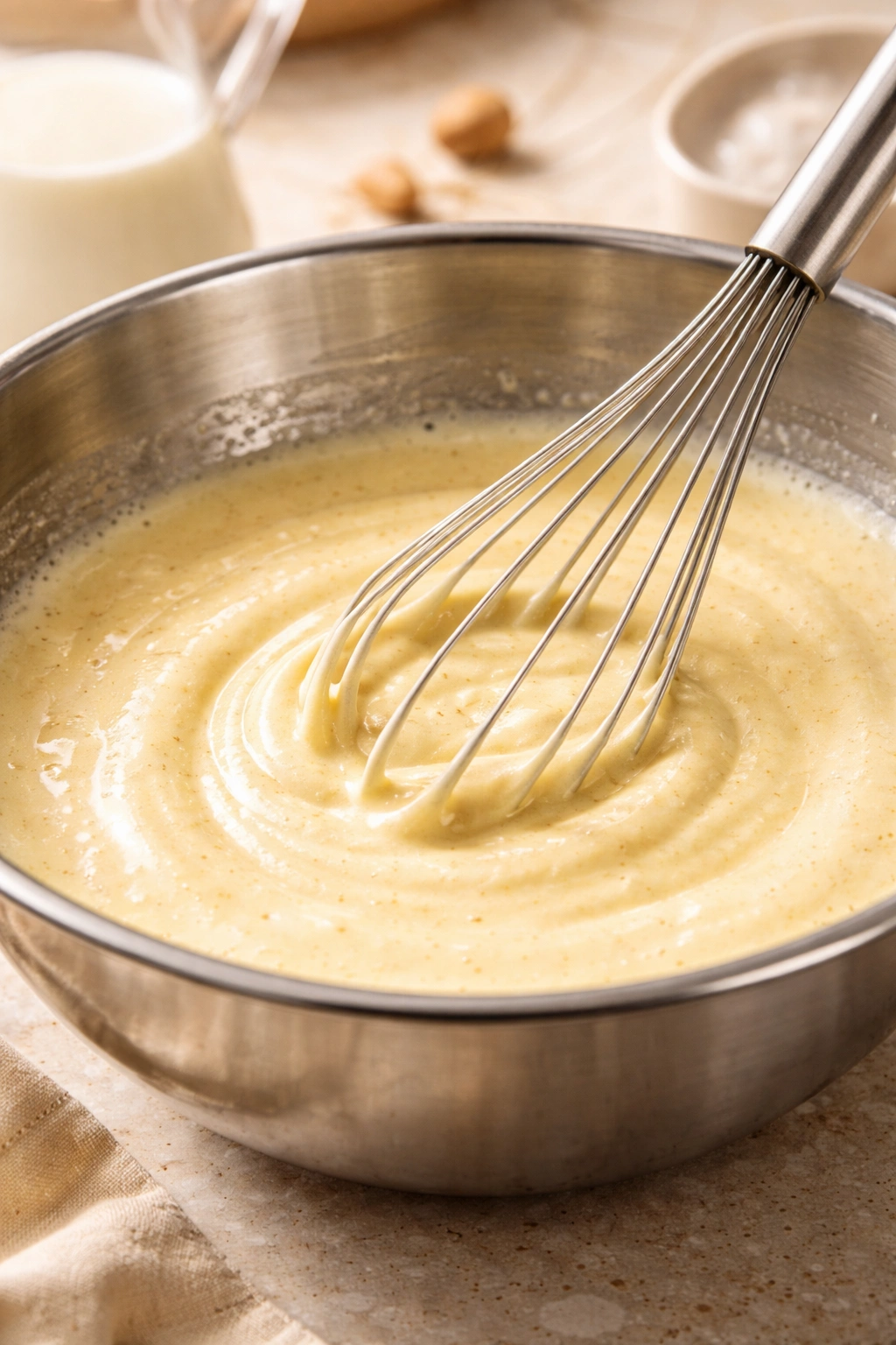 Pale custard being whisked in a bowl