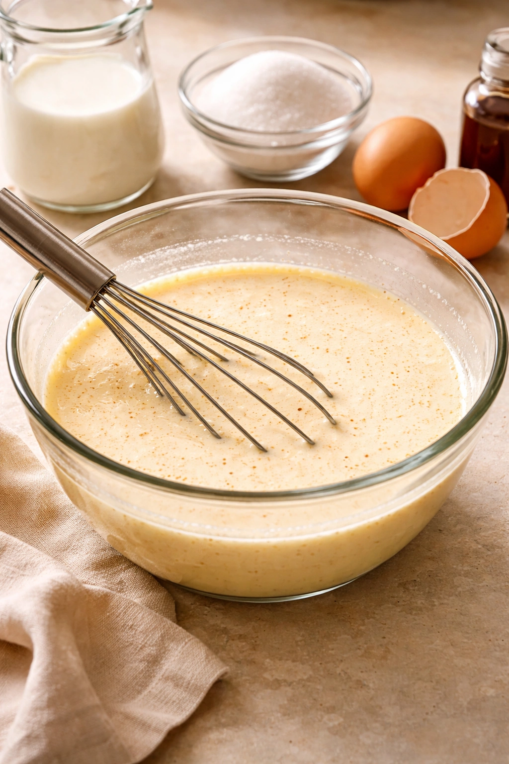 Glass bowl with pale custard mixture and whisk