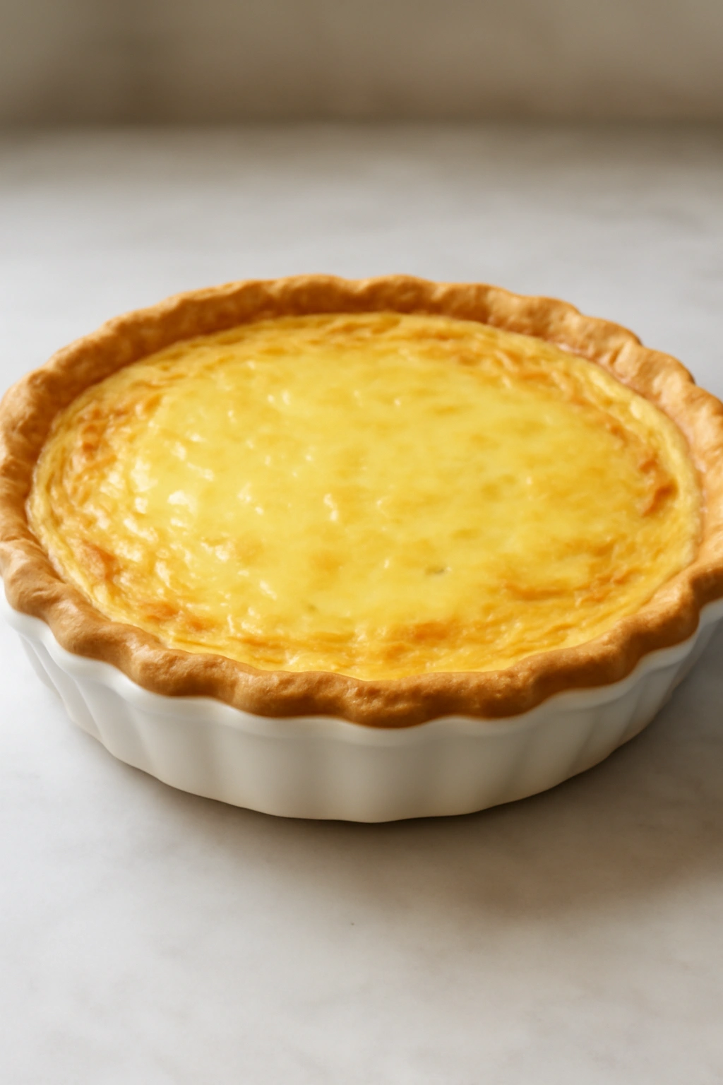 Quiche with glossy set custard and pale golden edge in pie dish
