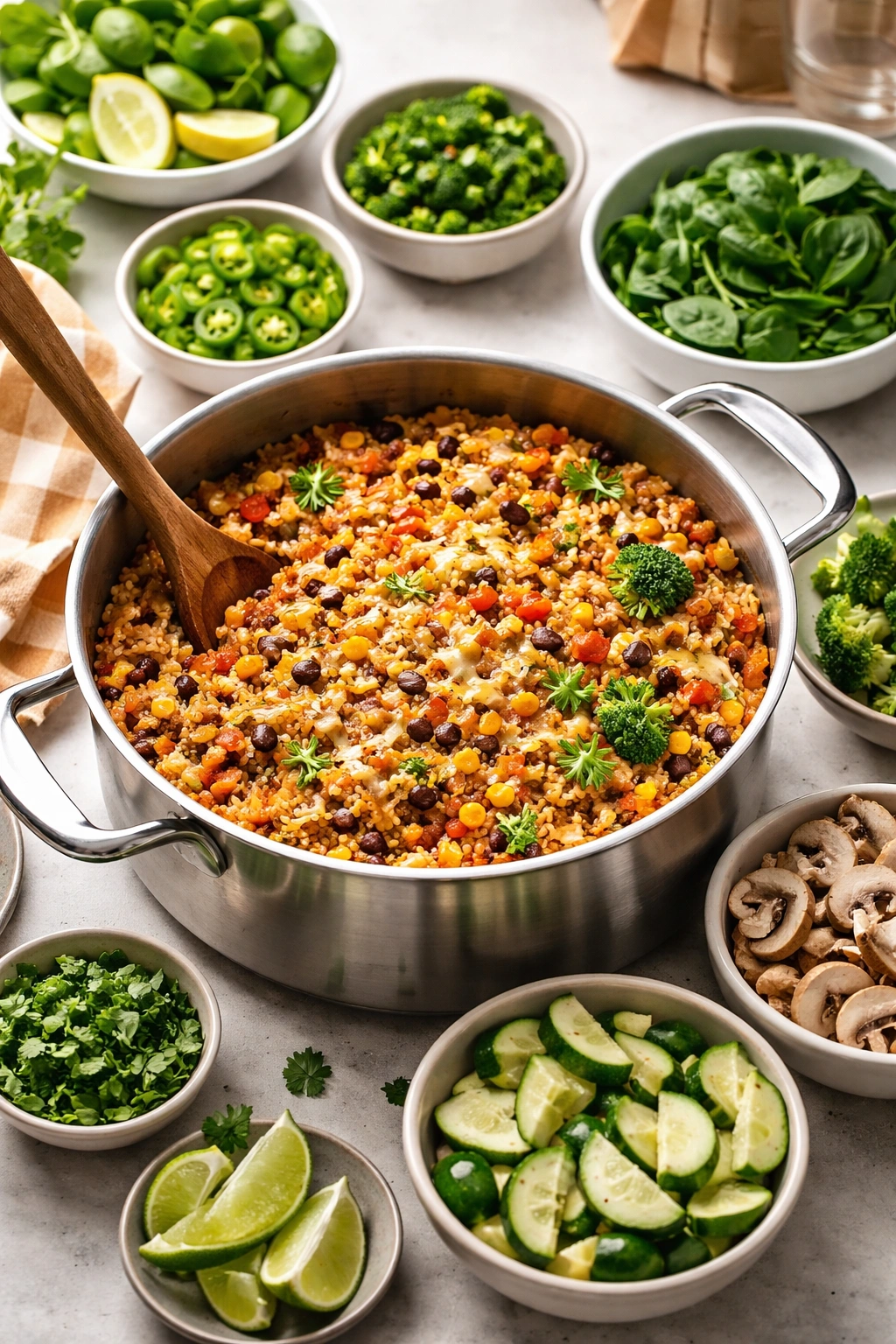 Custom enchilada rice with add-ins around a pot on a warm kitchen stove