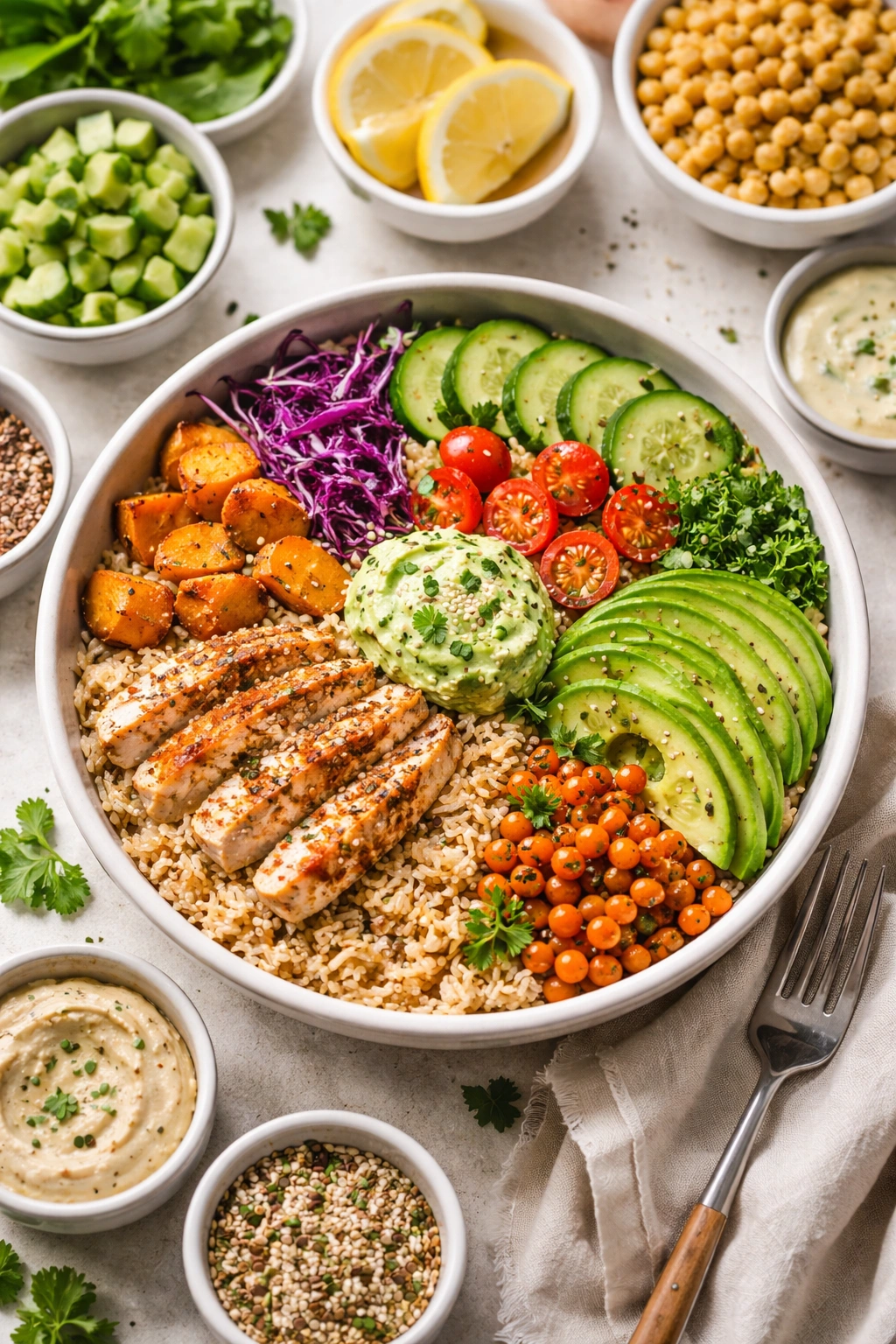 Top-down grain bowl showing sections for grain, protein, vegetables, and fats