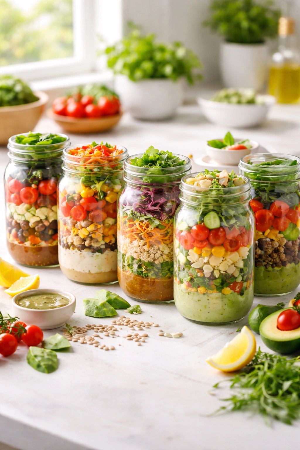 Row of mason jars with different fillings on a kitchen counter, illustrating customizing mason jar salads