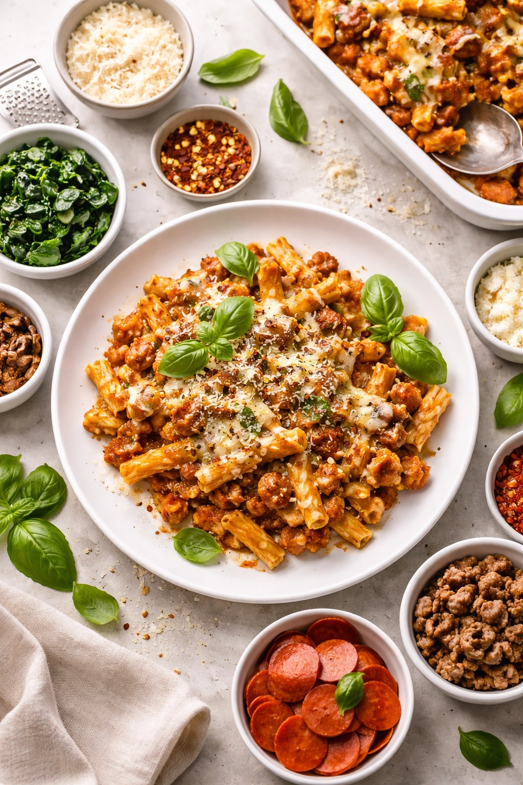 Baked ziti with basil and cheese for customization.