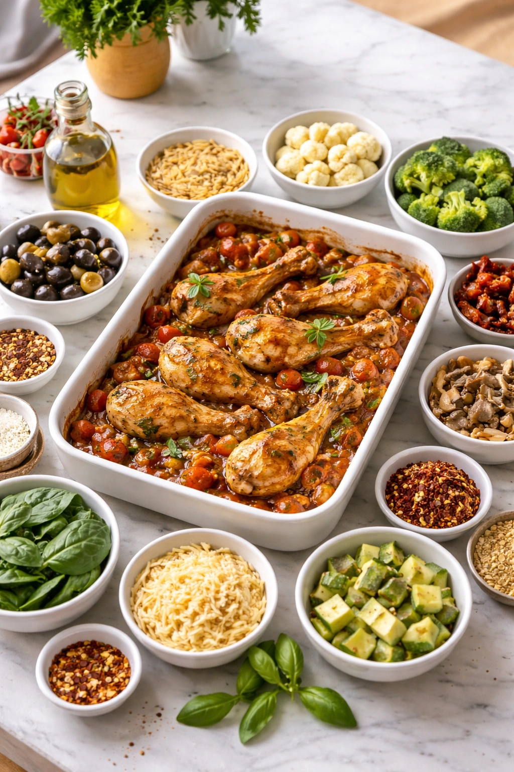 Casserole with optional add-ins like olives and vegetables around it