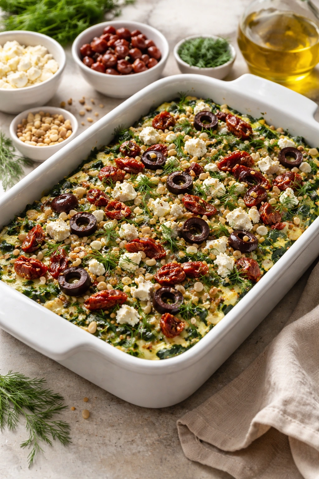 Spinach egg casserole with feta and olives toppings on top