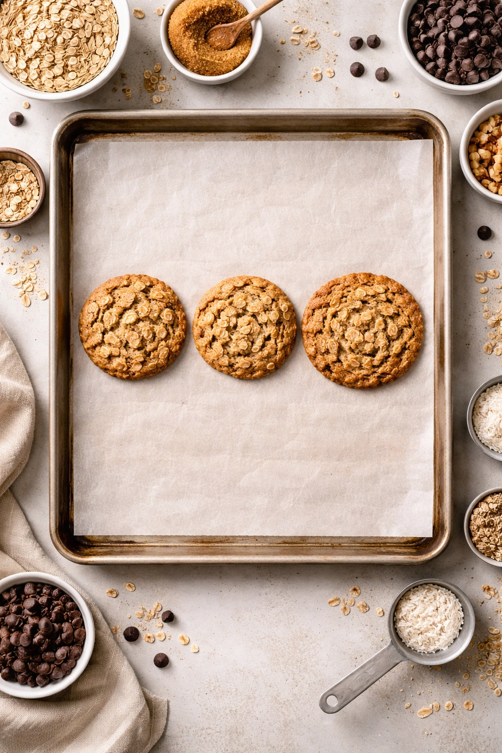 Three oatmeal cookies of varying thickness on a baking sheet