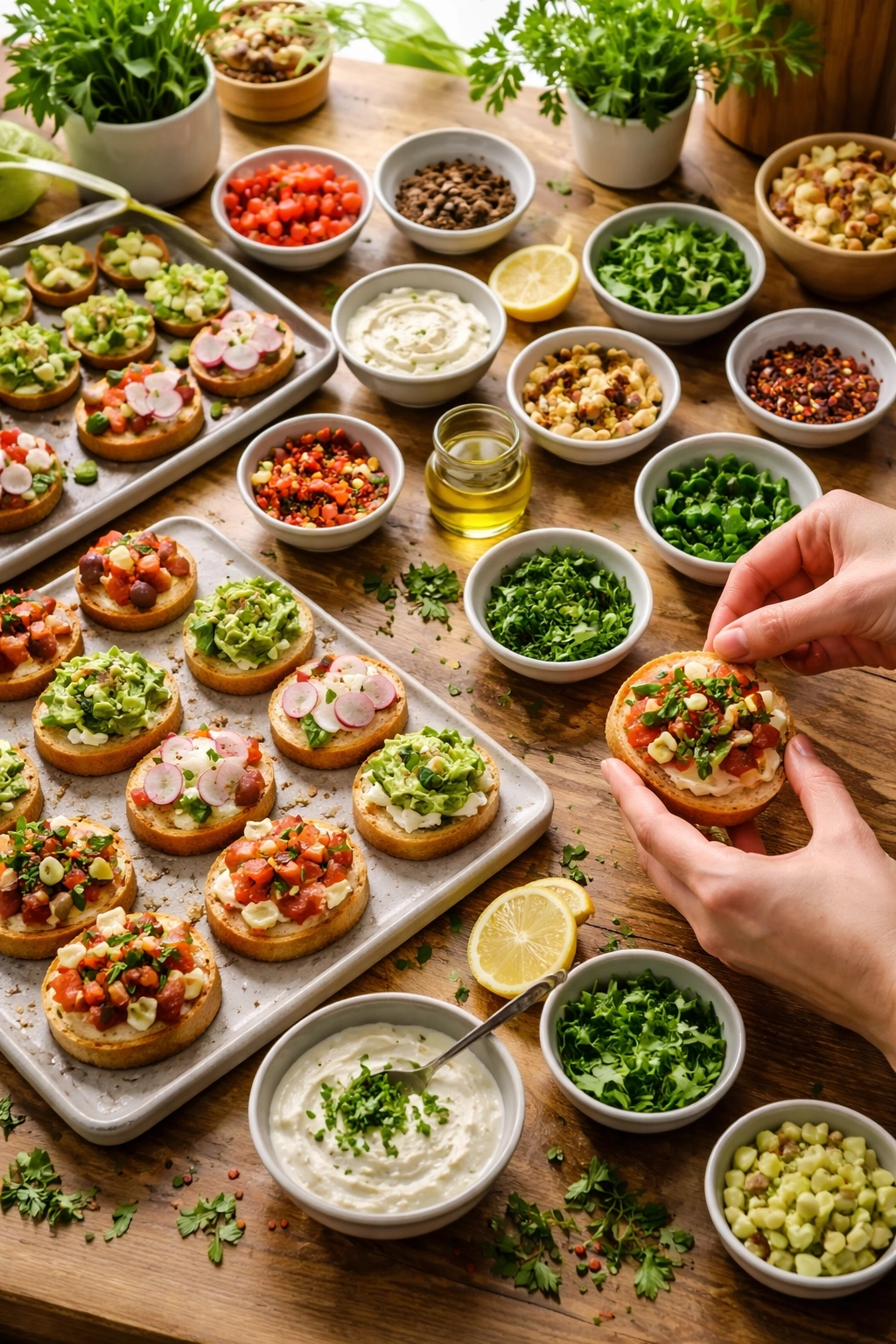 Hands customizing a snack with herbs and toppings