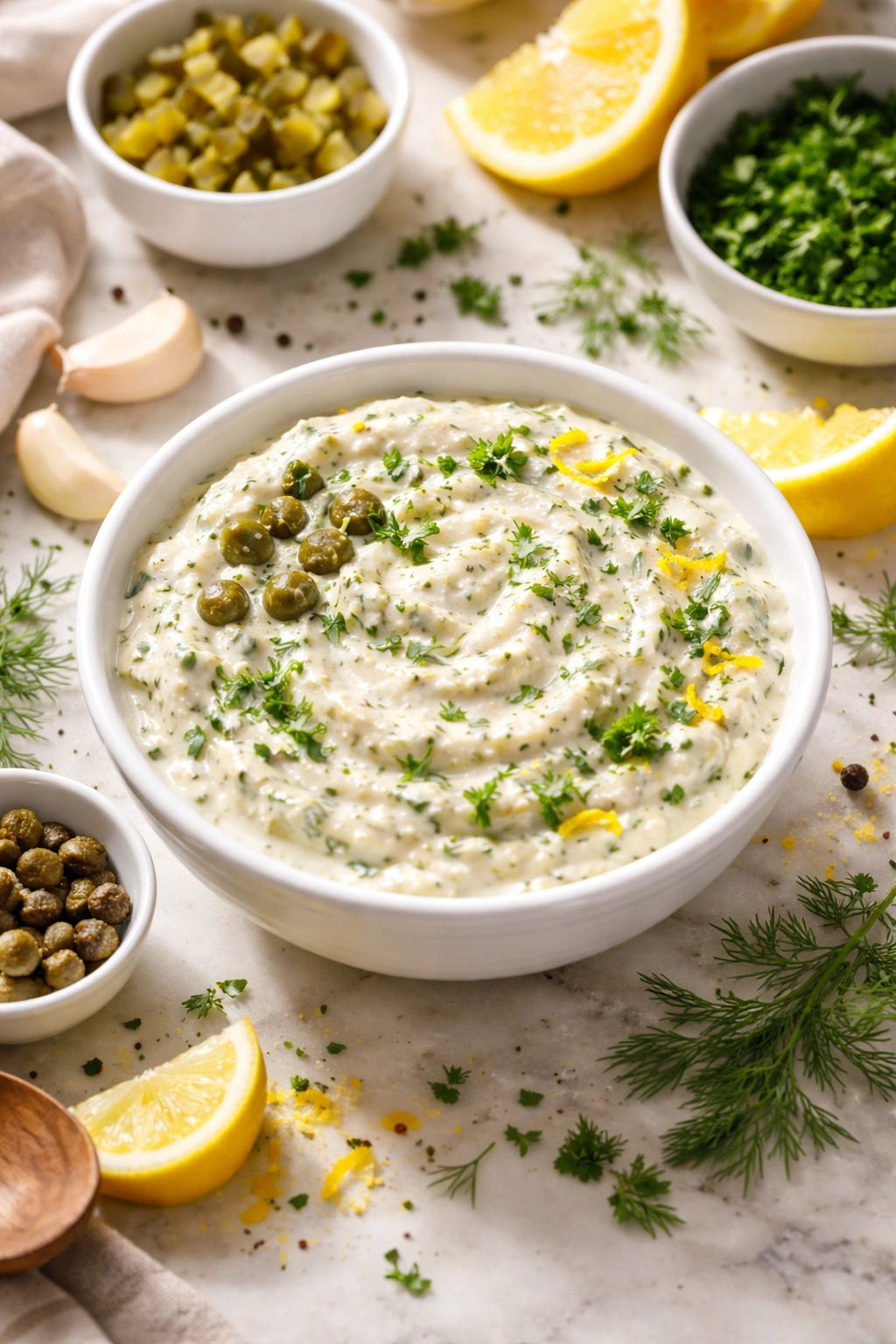Herbed and caper-touched tartar sauce in a bowl