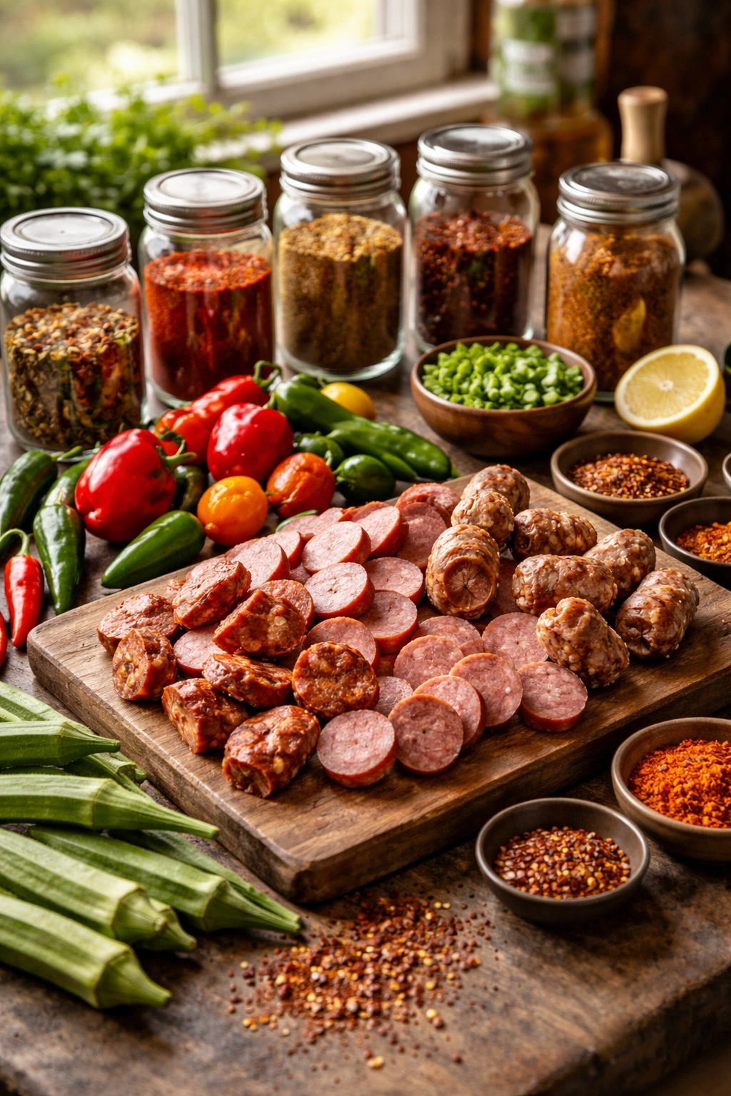 Close-up of varied sausages, peppers, okra and spices on a rustic counter, ready for customization