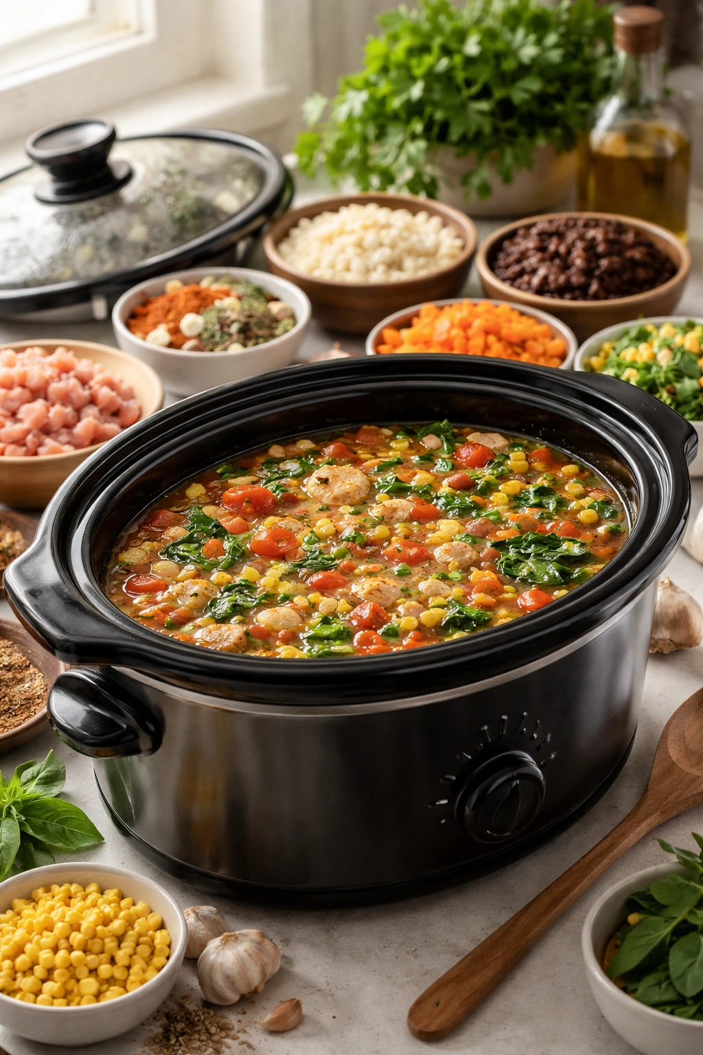 Slow cooker with visible ingredients inside on a countertop