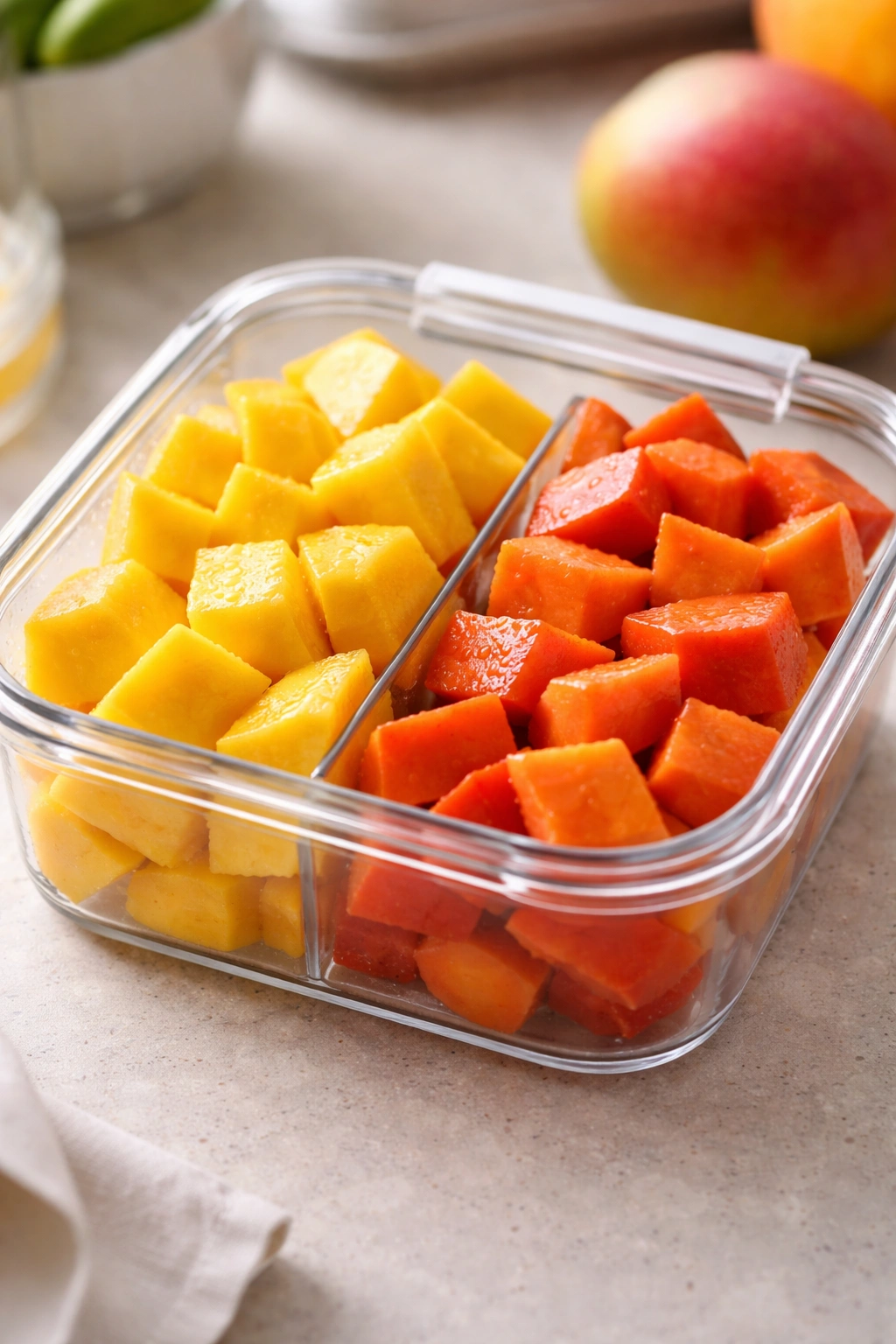 Airtight container with cut mango pieces showing yellow and orange-red flesh