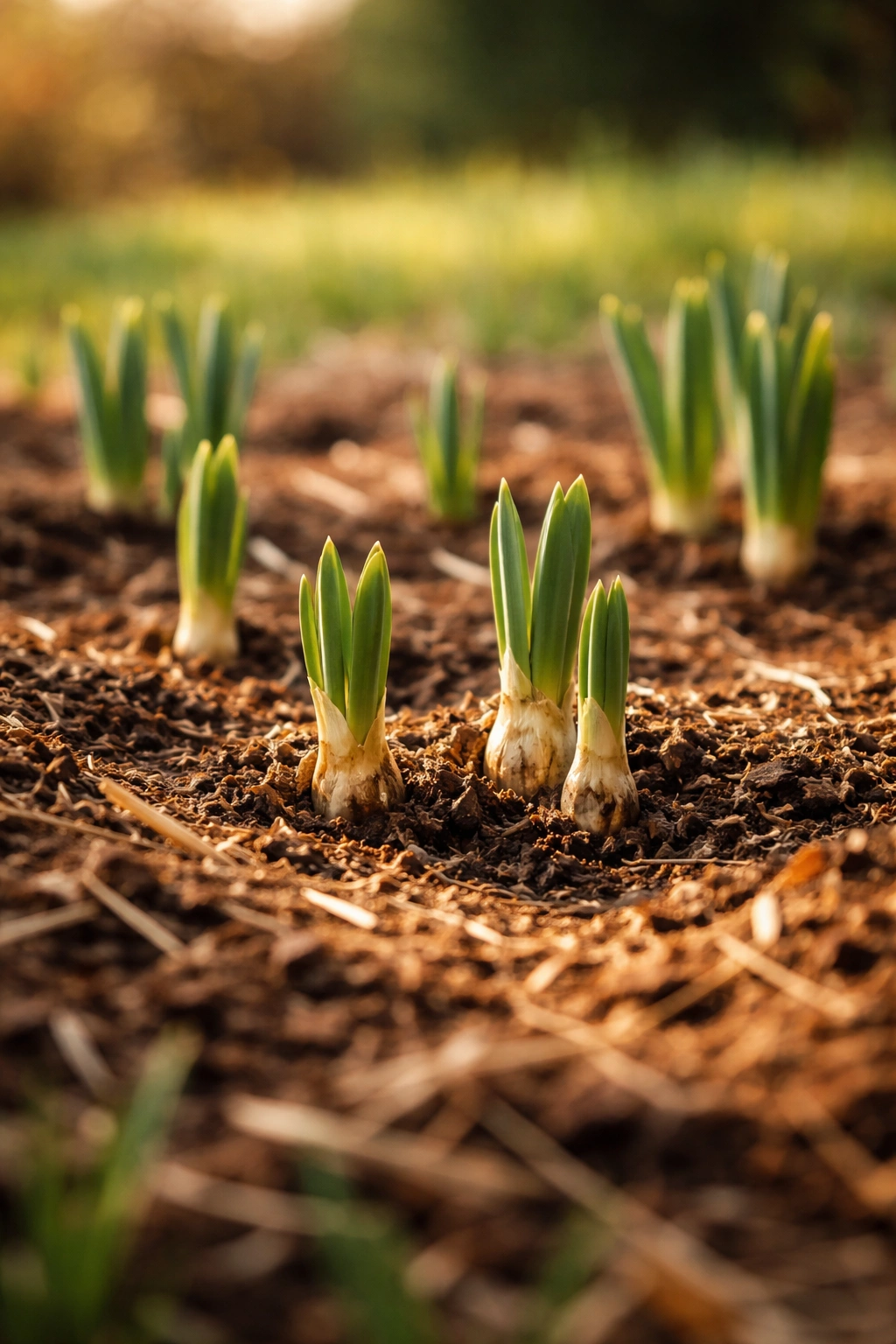 Emerging daffodil shoots in autumn soil ready for spring bloom