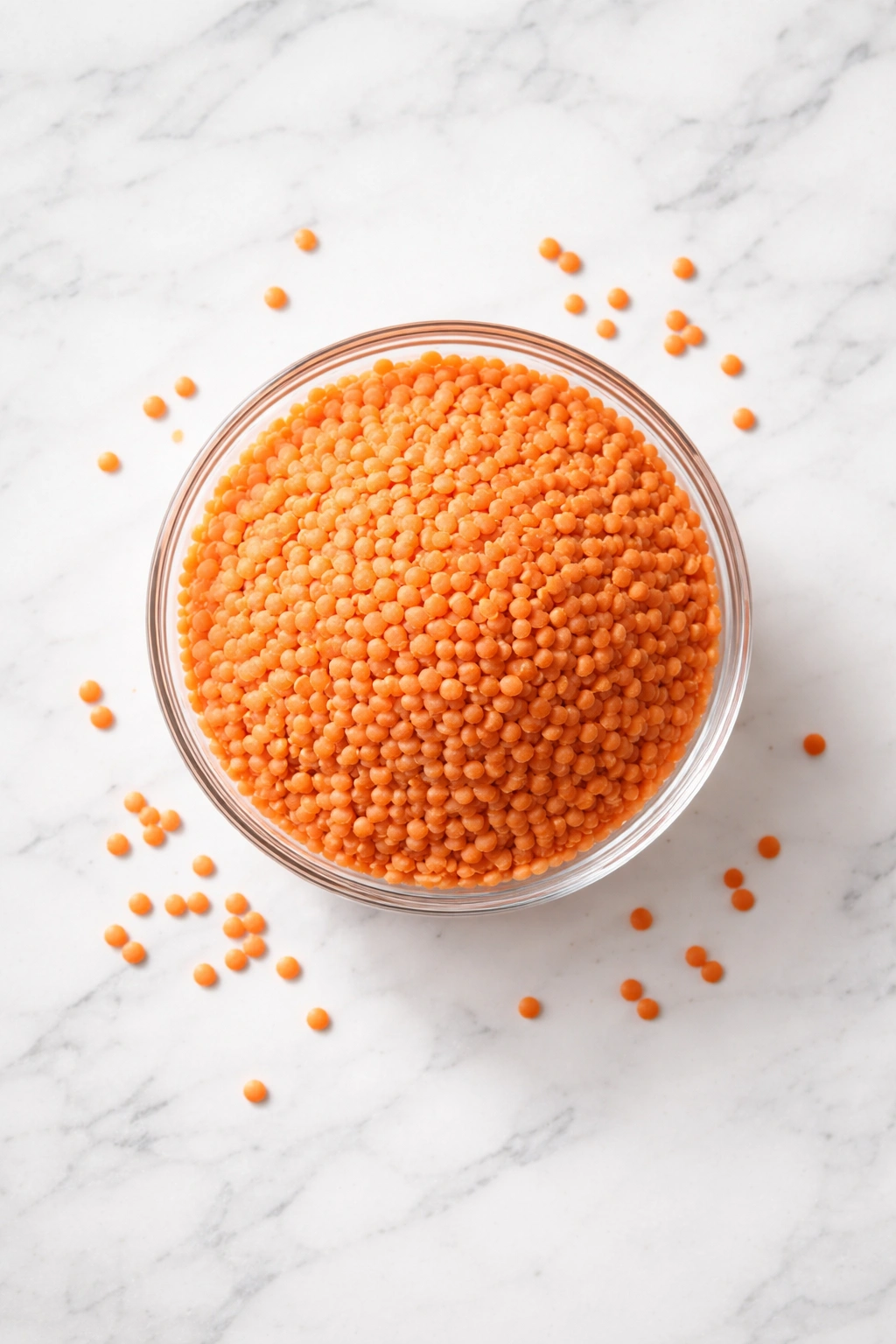Loose red lentils in glass bowl on white surface