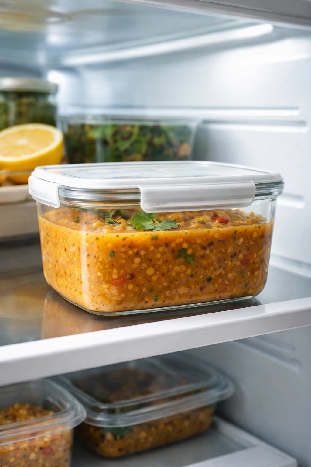 Glass container of lentil dahl on a fridge shelf