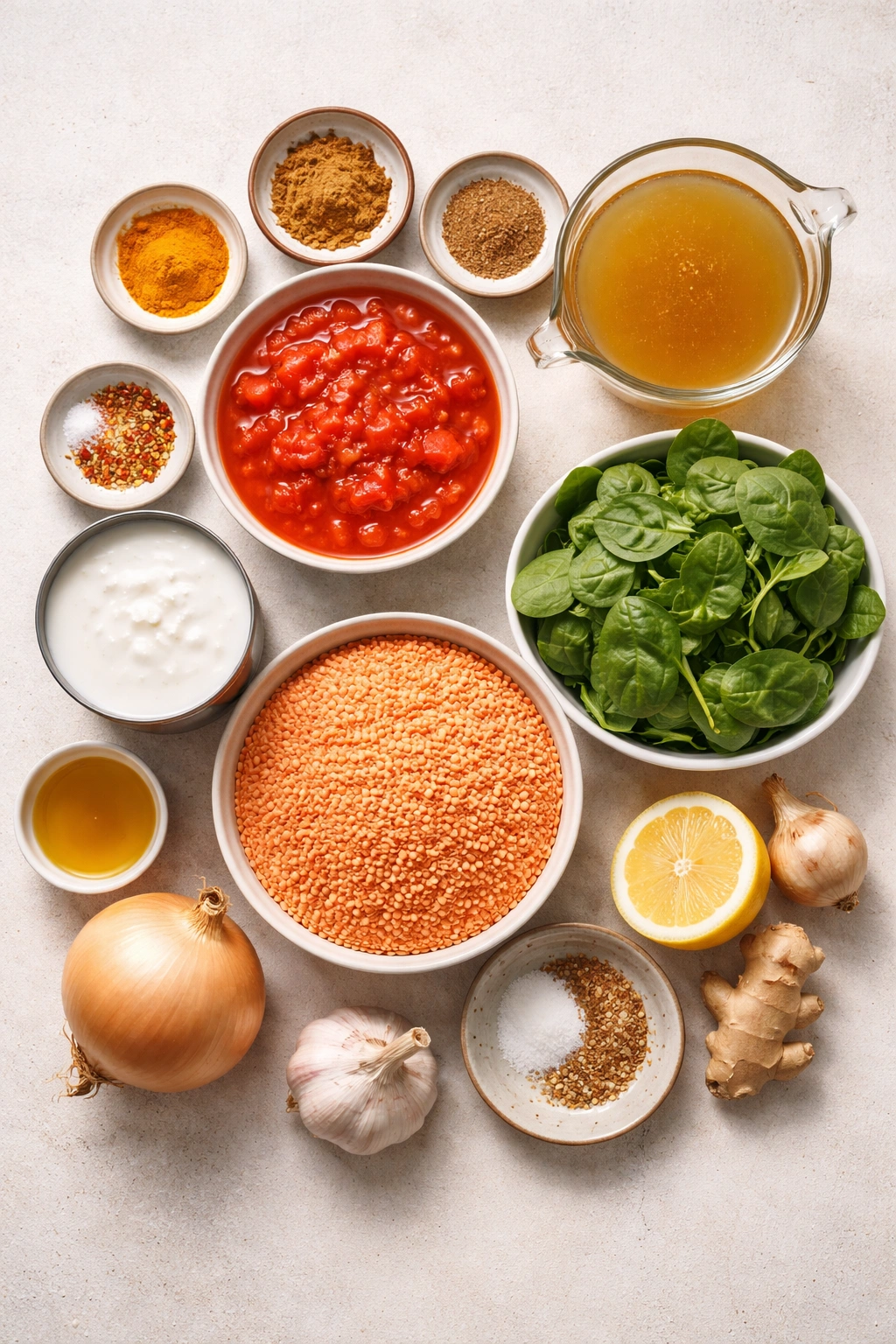 Flat lay of lentil dahl ingredients including lentils, tomatoes, coconut milk, spinach, onion, garlic, ginger, lemon and spices