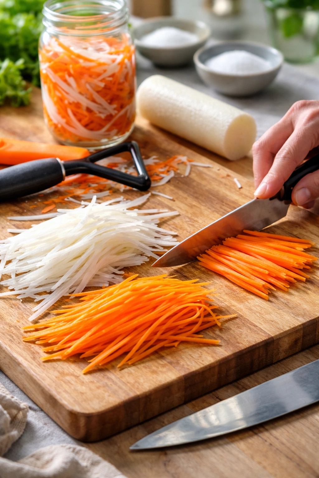 Close-up of daikon and carrot cut into thin matchsticks for quick pickling