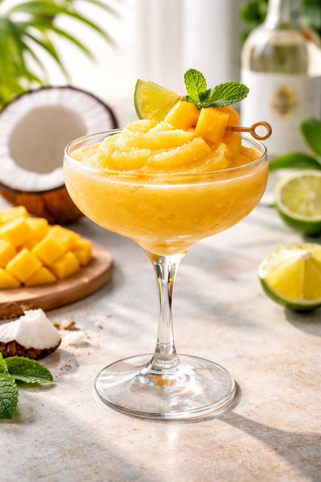 Bright frozen coconut mango daiquiri in a coupe glass with mango hue and smooth slushy texture