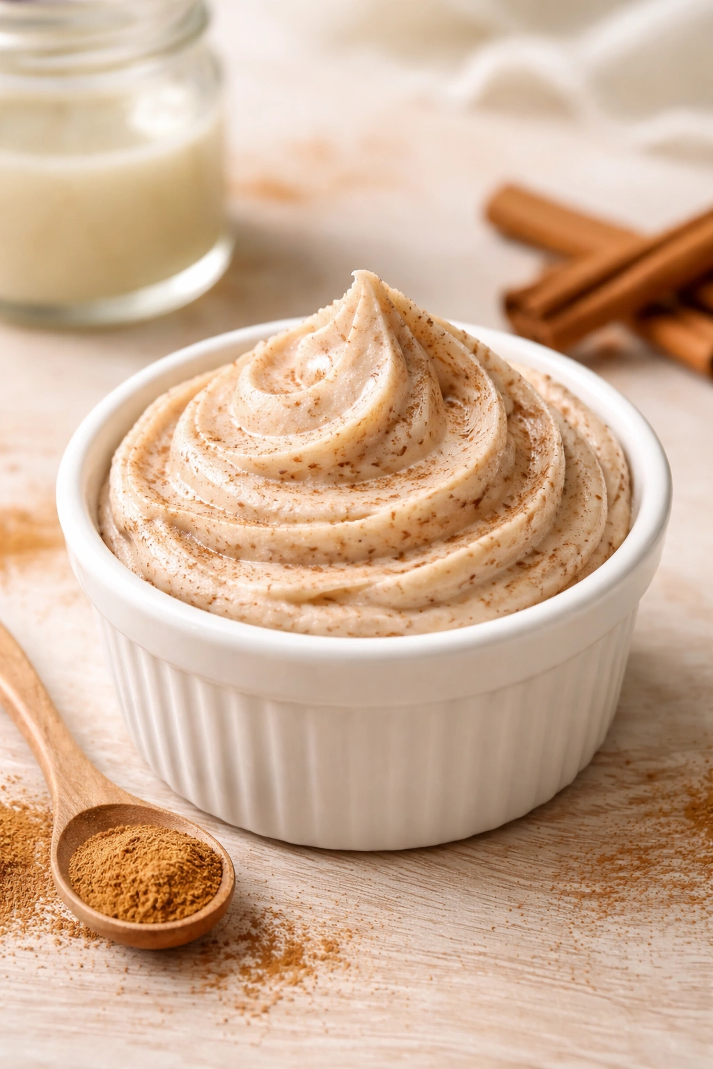 Dairy-free cinnamon butter in a pale dish on wood
