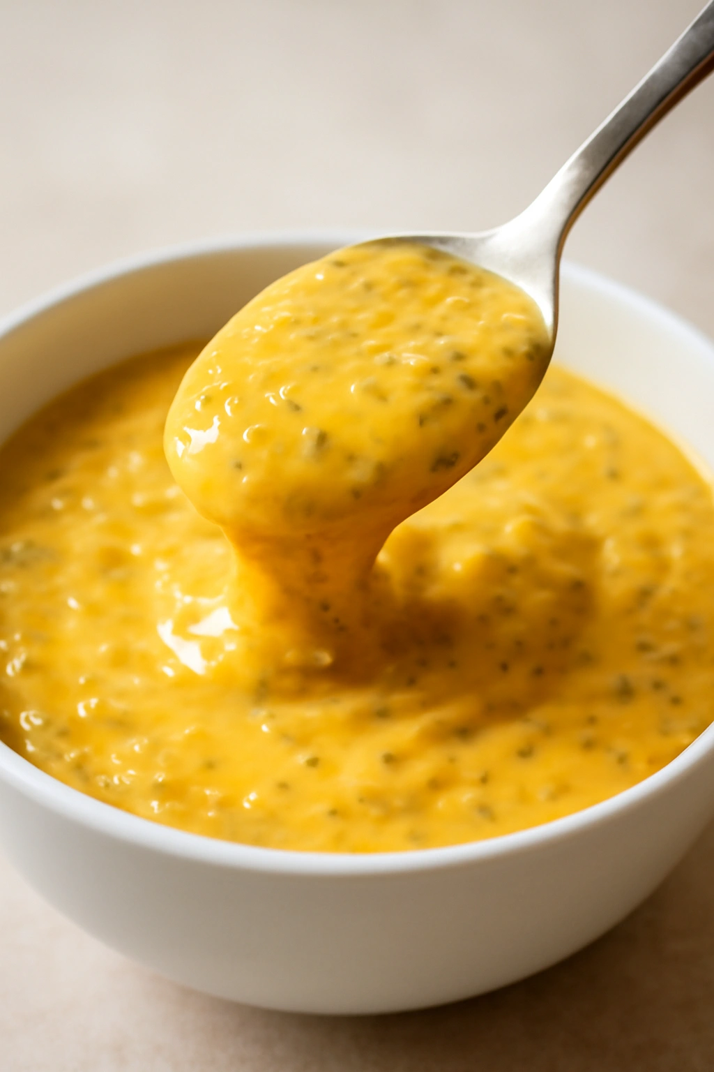 Dairy-free creamy mango chia pudding with velvety texture on spoon