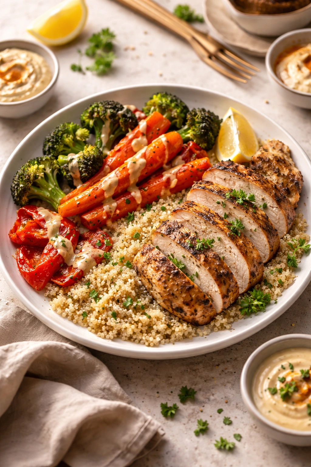 Colorful plated dinner with vegetables, protein, and grains