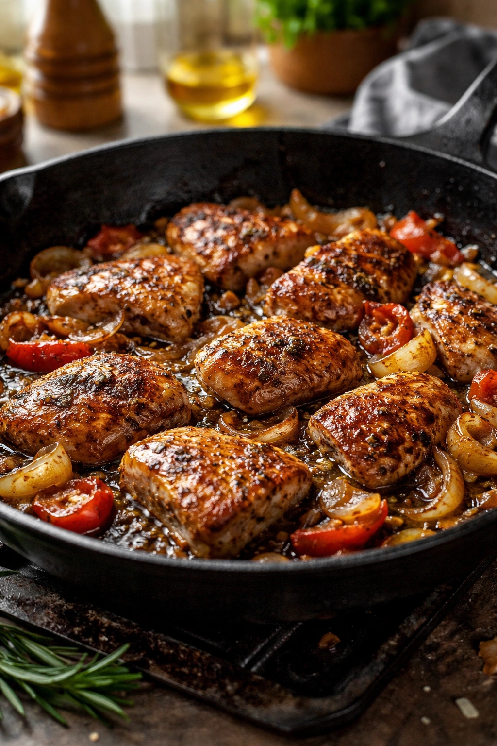 Skillet with browned chicken and vegetables in olive oil, rich Maillard crust