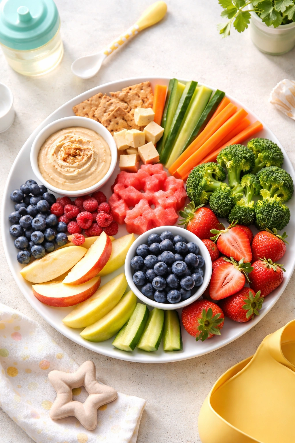 Dairy-free finger foods with fresh fruits and vegetables on a plate