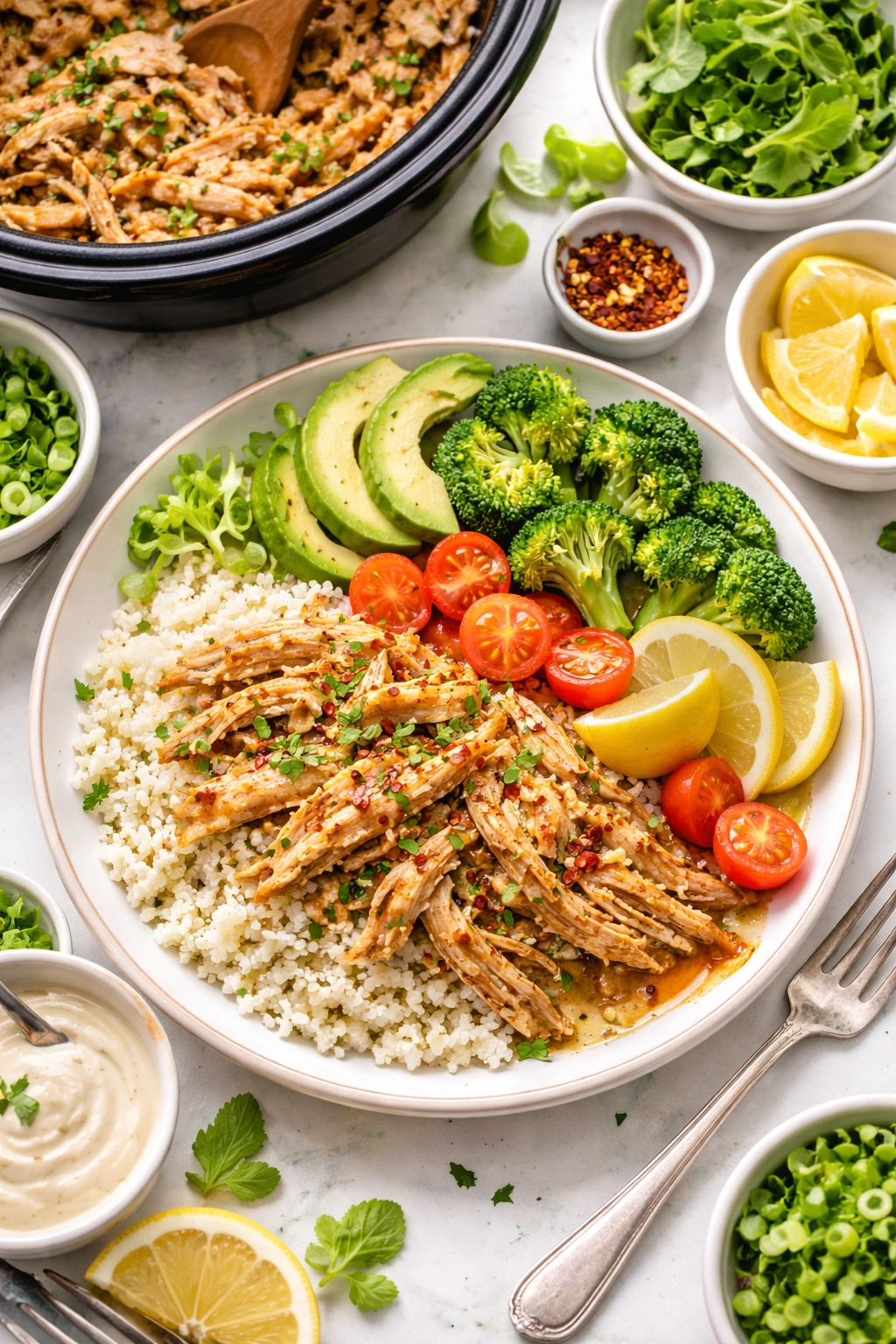 Dairy-free chicken with cauliflower rice on a bright plate