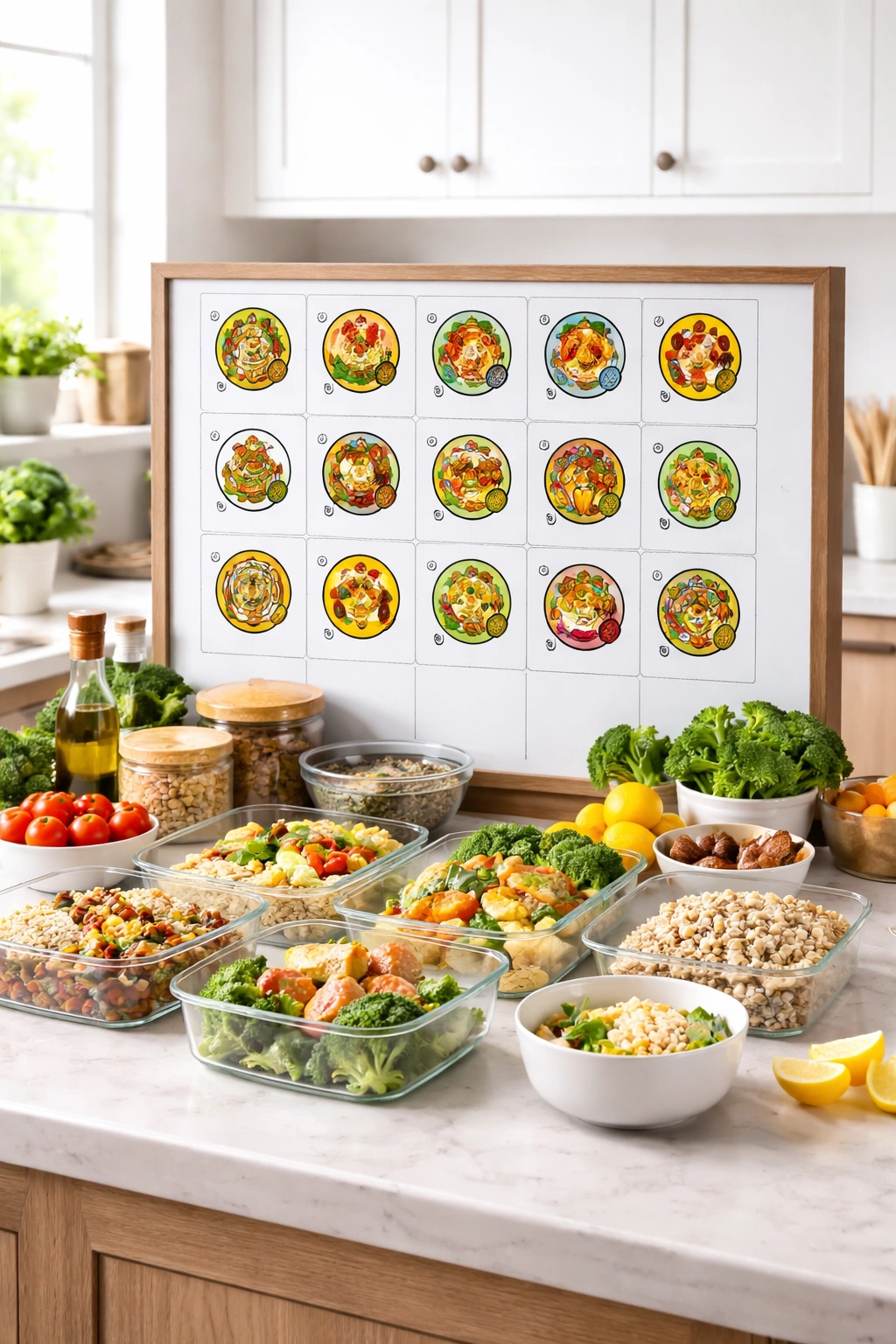 Icon-based dairy-free meal planning board in bright kitchen, no text