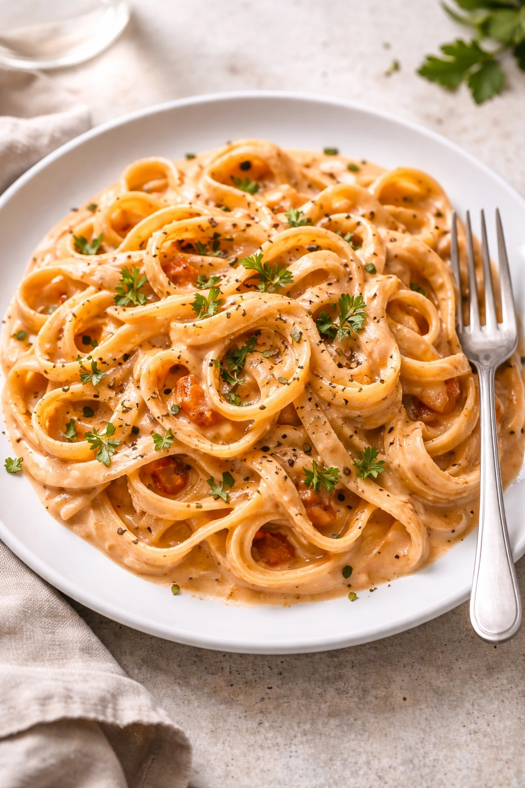 Creamy pasta with dairy-free Alfredo on a white plate