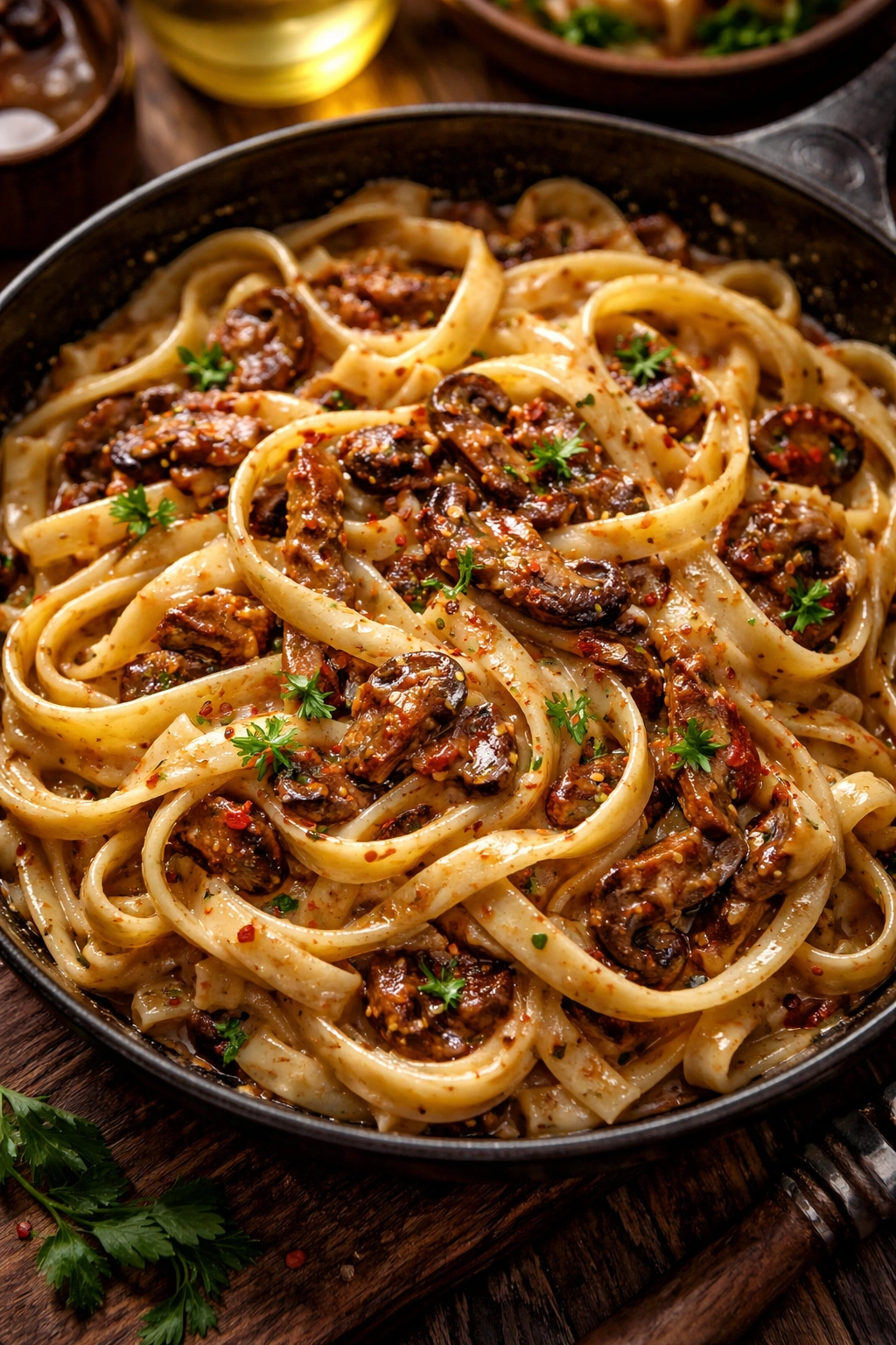 Close-up of dairy-free pasta with glossy sauce clinging to noodles, emphasizing richness