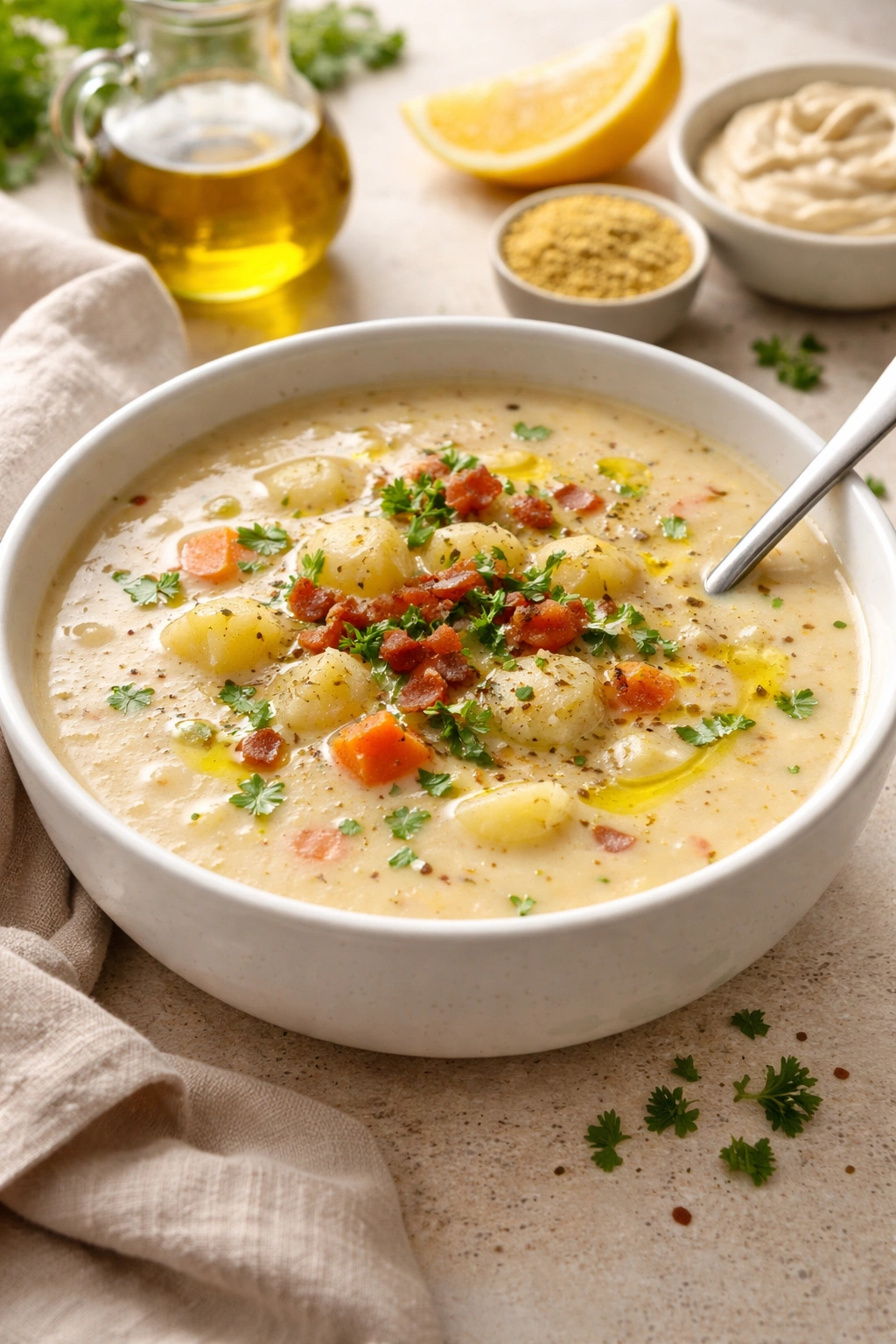 Dairy-free potato soup in a bowl with olive oil drizzle