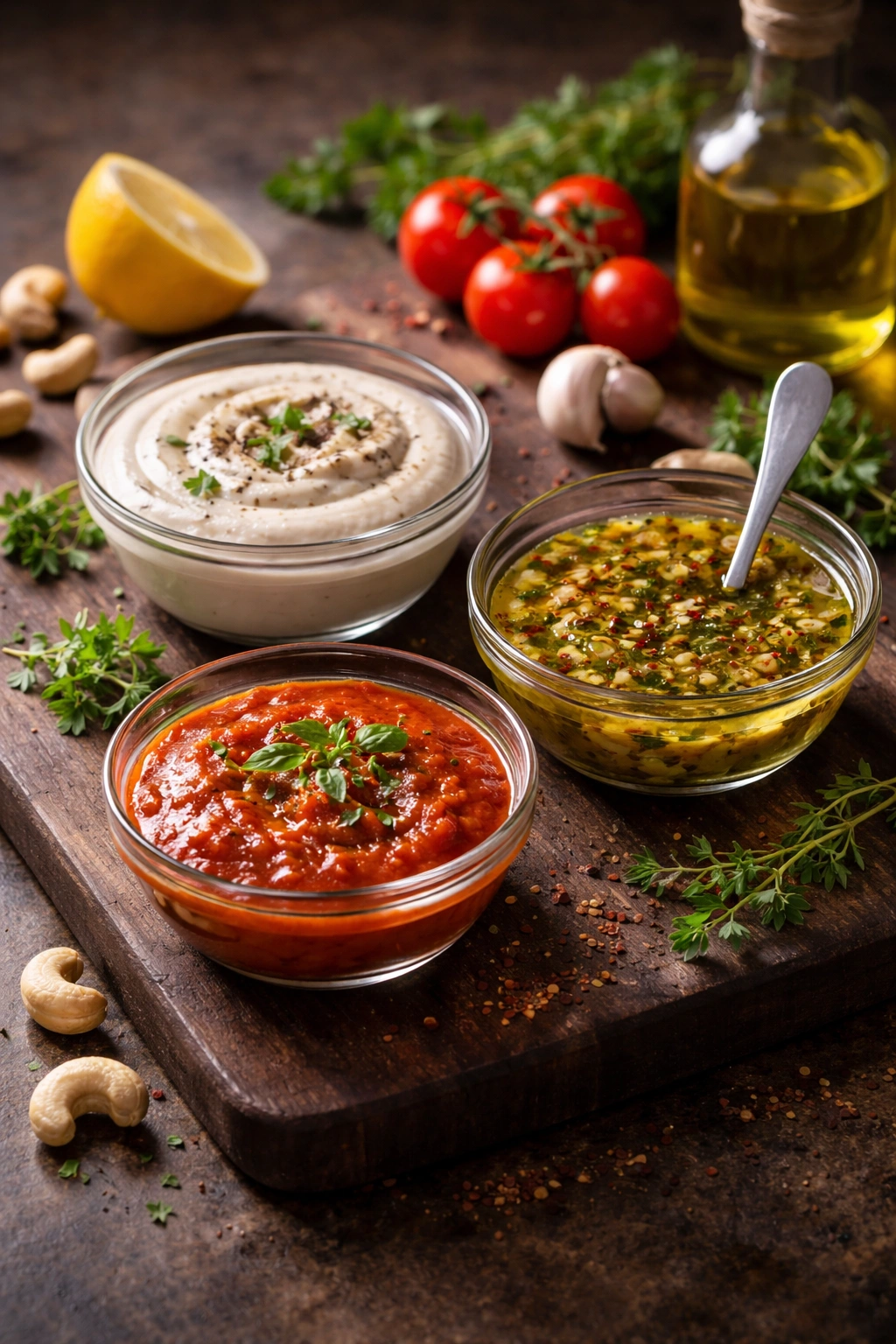 Three bowls of dairy-free sauces on a dark wooden board