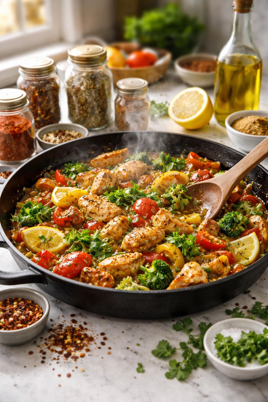 Steaming skillet with spices on a clean countertop, vibrant colors