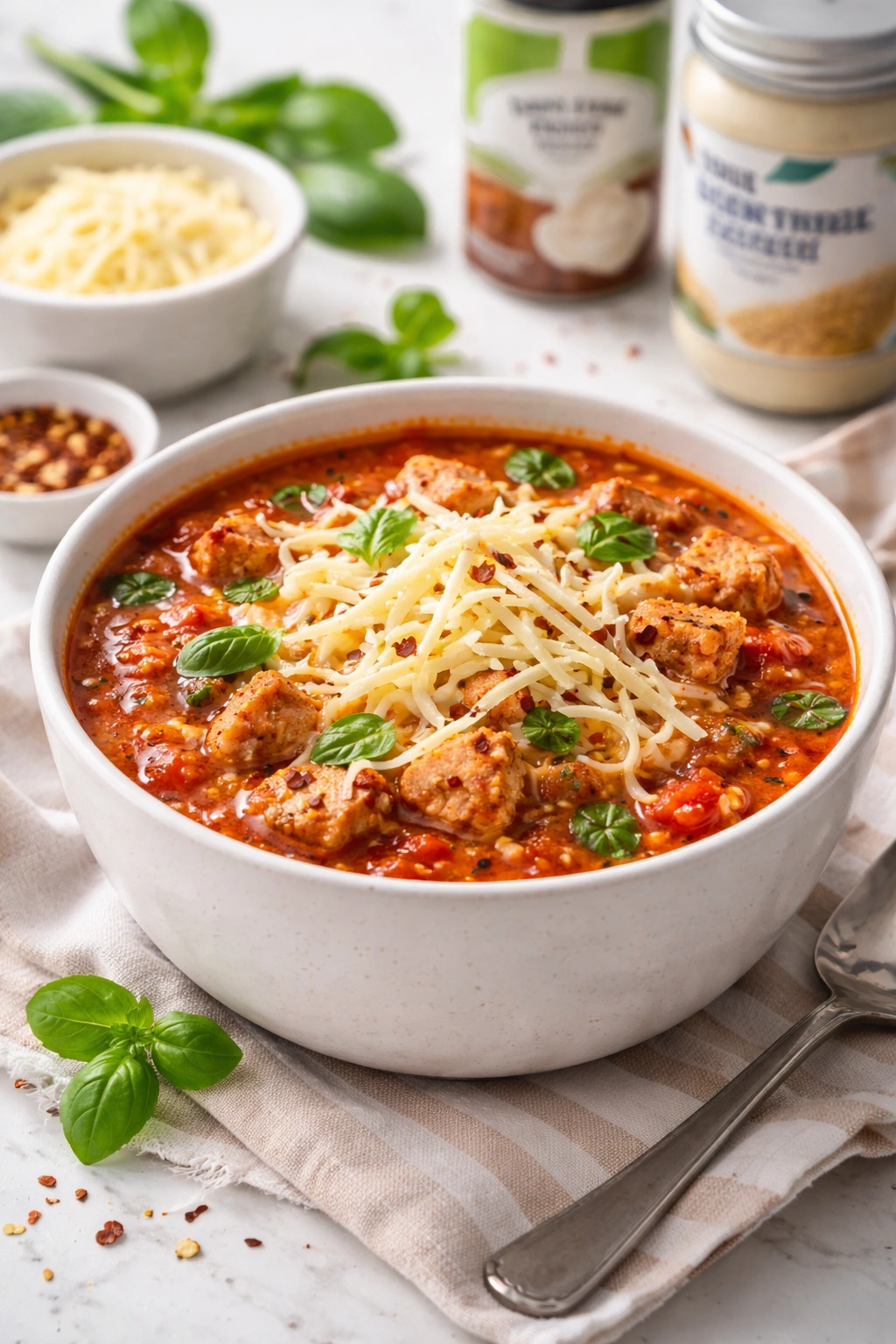 Chicken parm soup with dairy-free cheese shreds on top