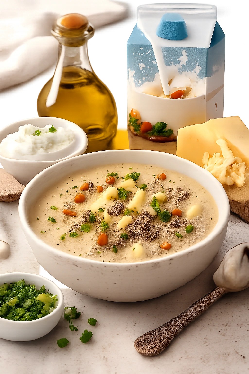 Creamy dairy-free cheeseburger soup with olive oil, plant milk, dairy-free cheese, and dairy-free sour cream nearby.