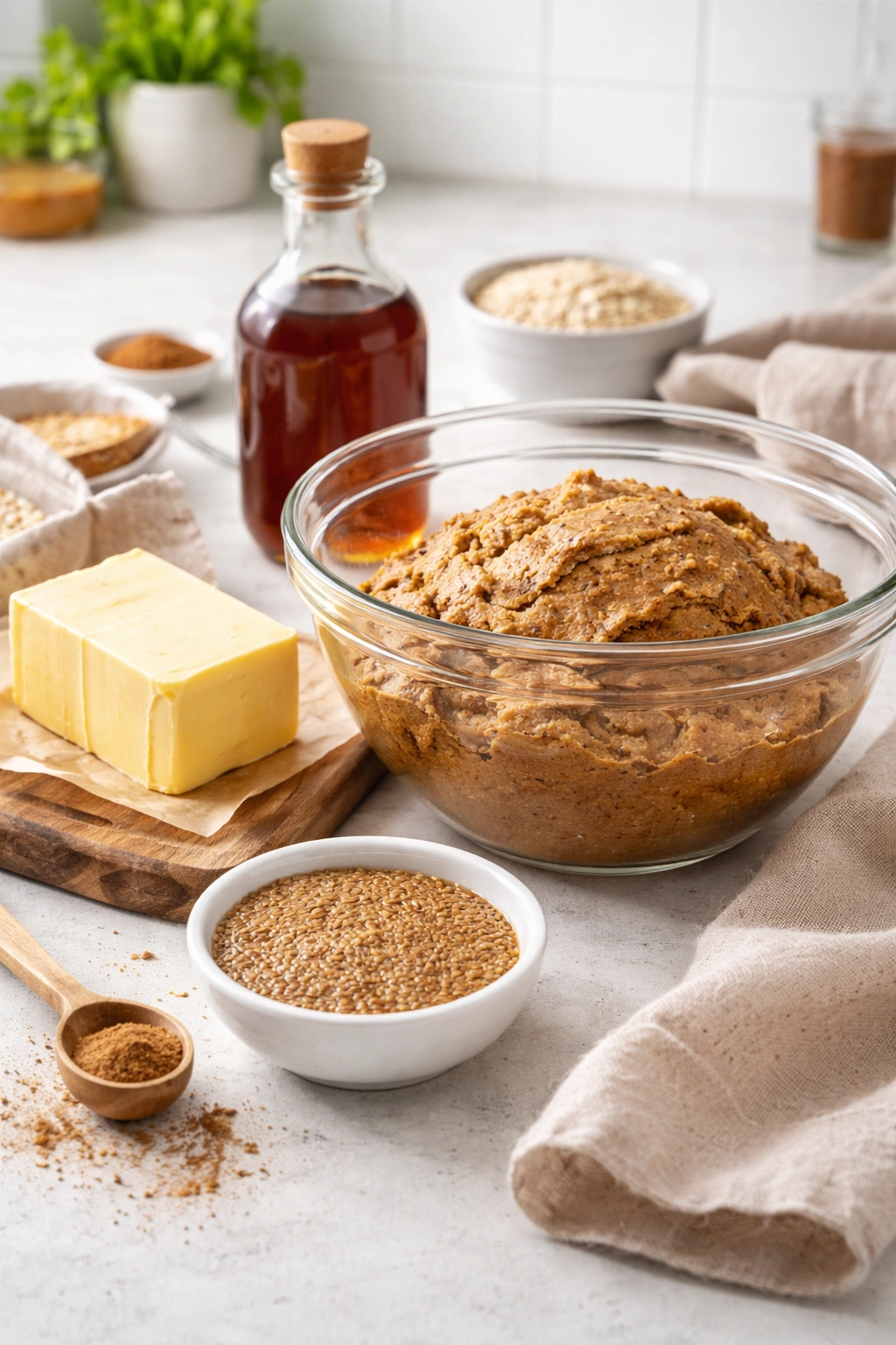 Vegan butter and flax egg ingredients with dough for dairy-free cookies
