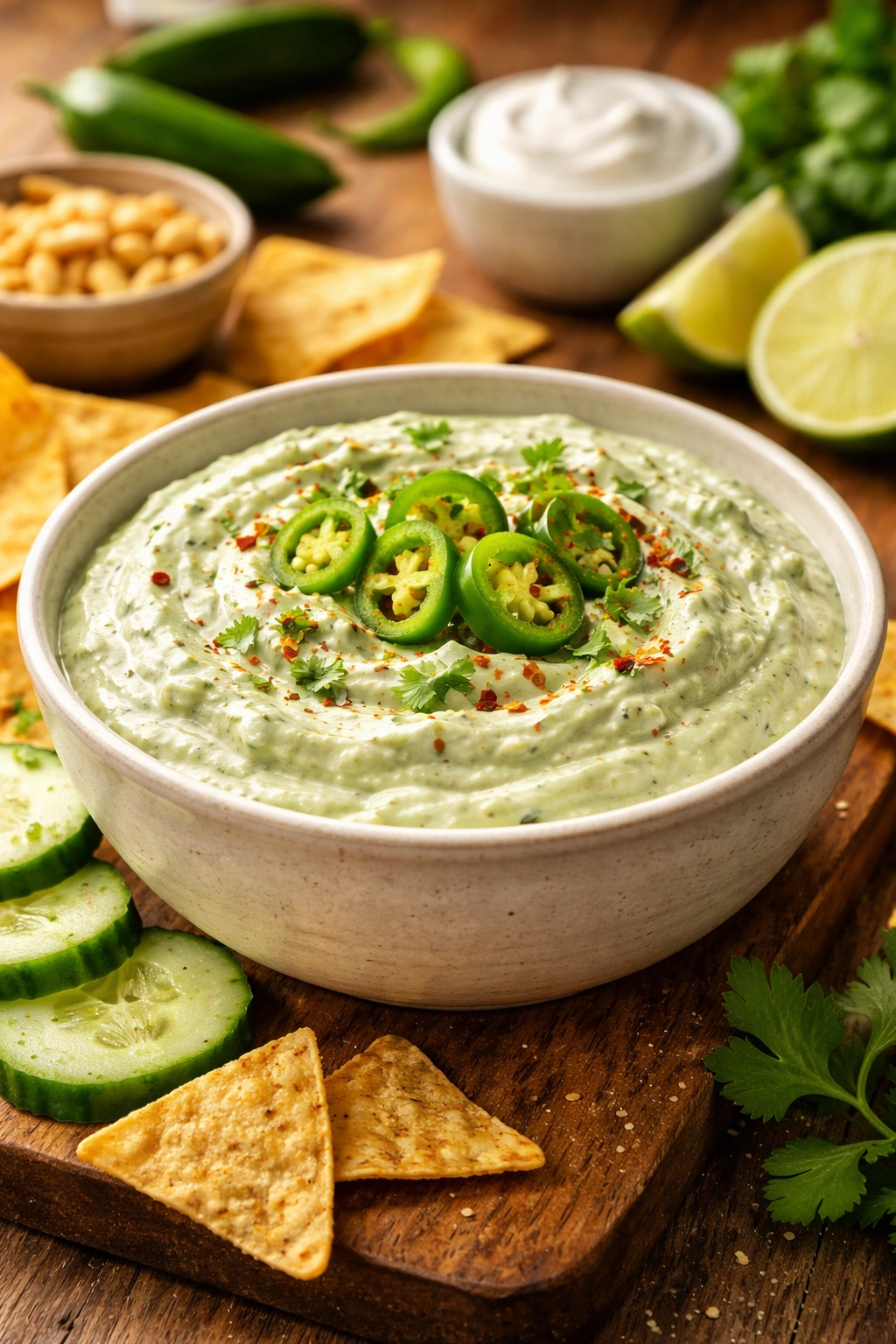Pale plant-based jalapeño dip in a rustic bowl on wood