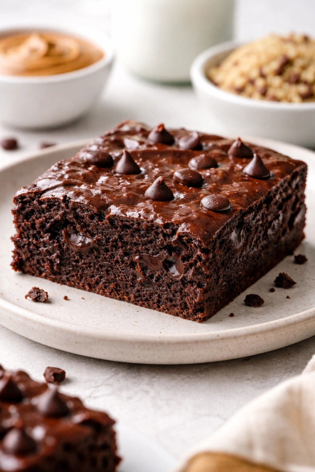 Dairy-free vegan brownie slice with rich moisture, no dairy visible