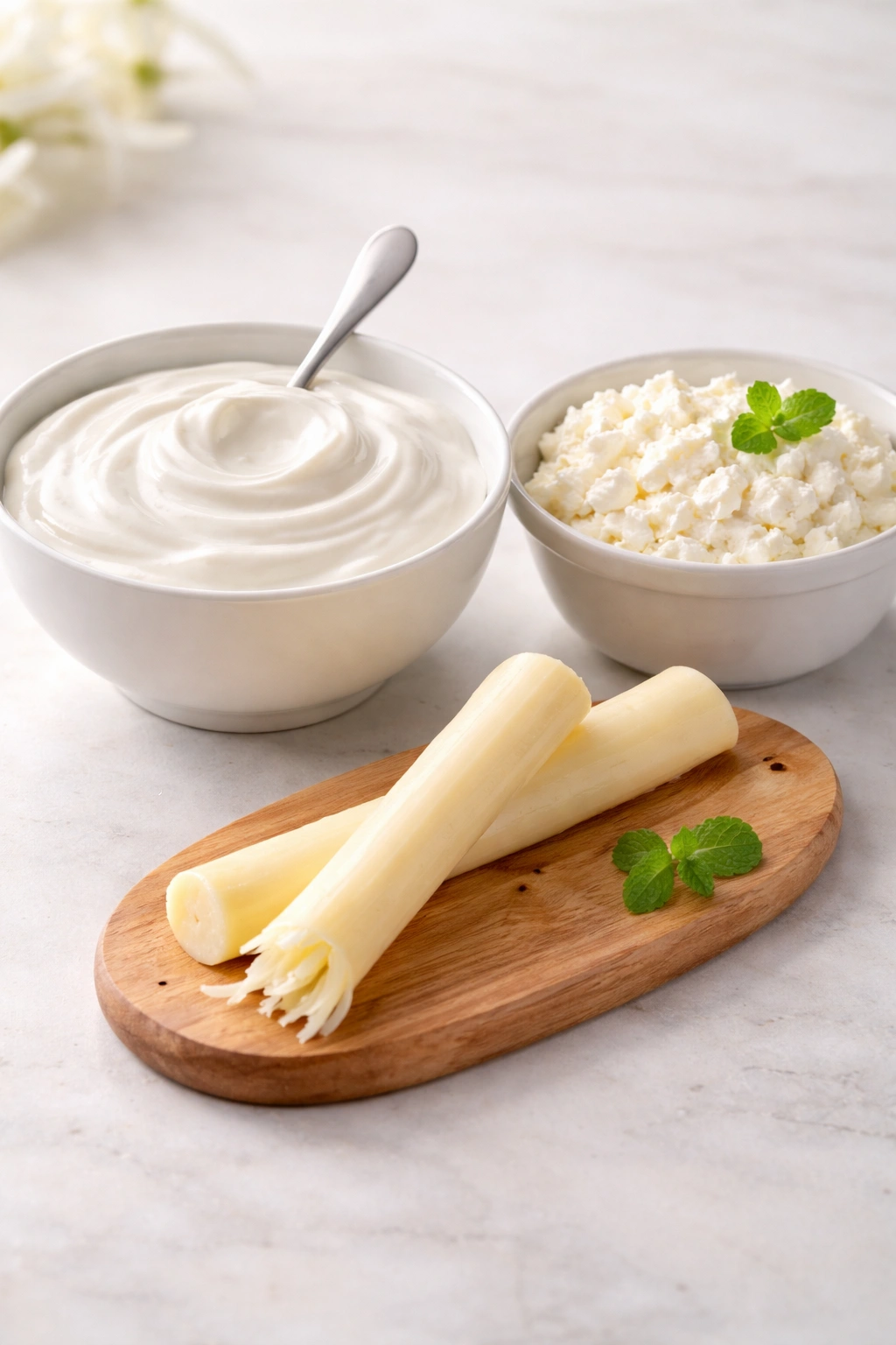 Dairy snacks including Greek yogurt, cottage cheese, and string cheese